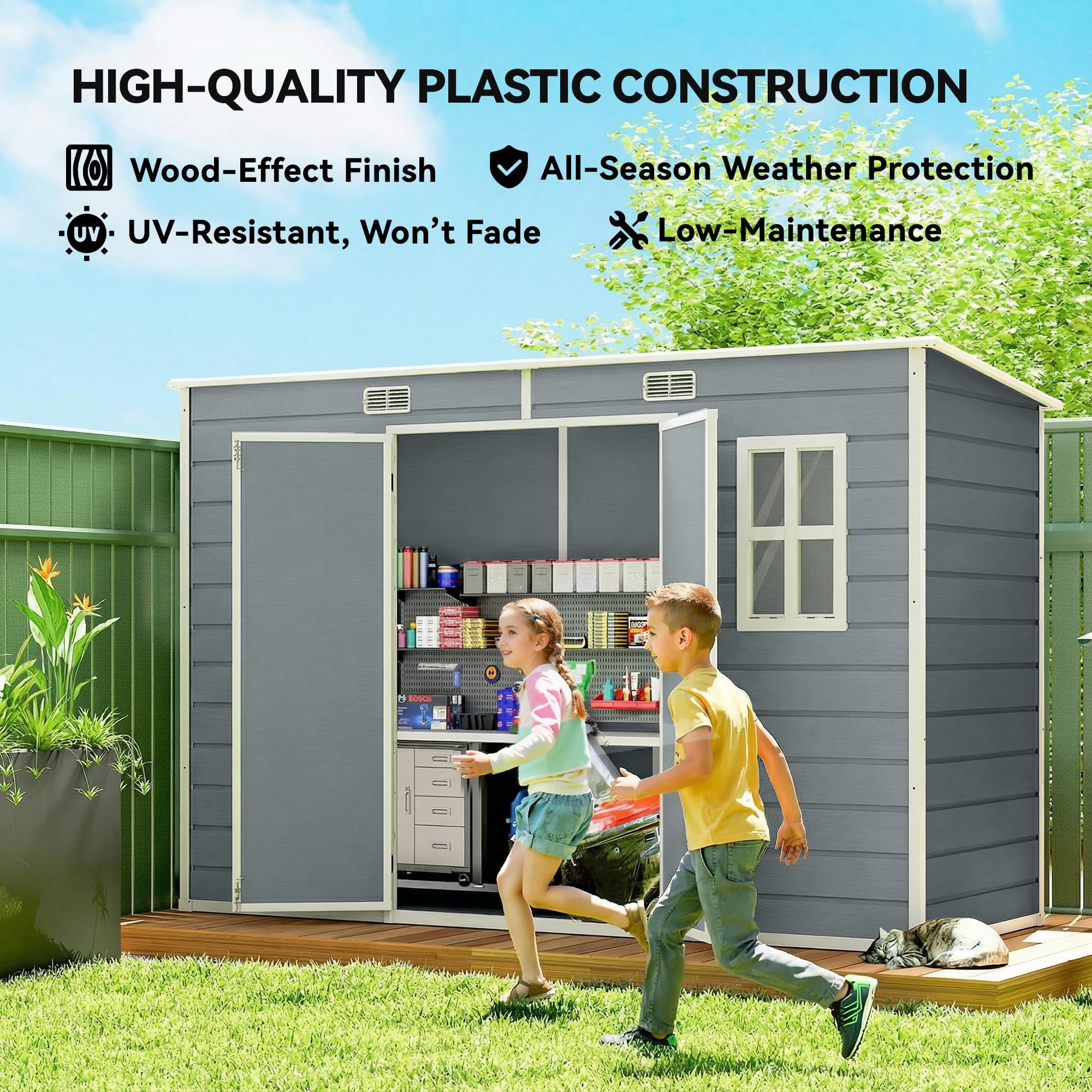 Outsunny 10 x 4 ft Plastic Garden Shed, Outdoor Storage Resin Shed with Floor, Double Windows, Lockable Doors and Vents, for Tools, Bike, Generator, Grey — view 8
