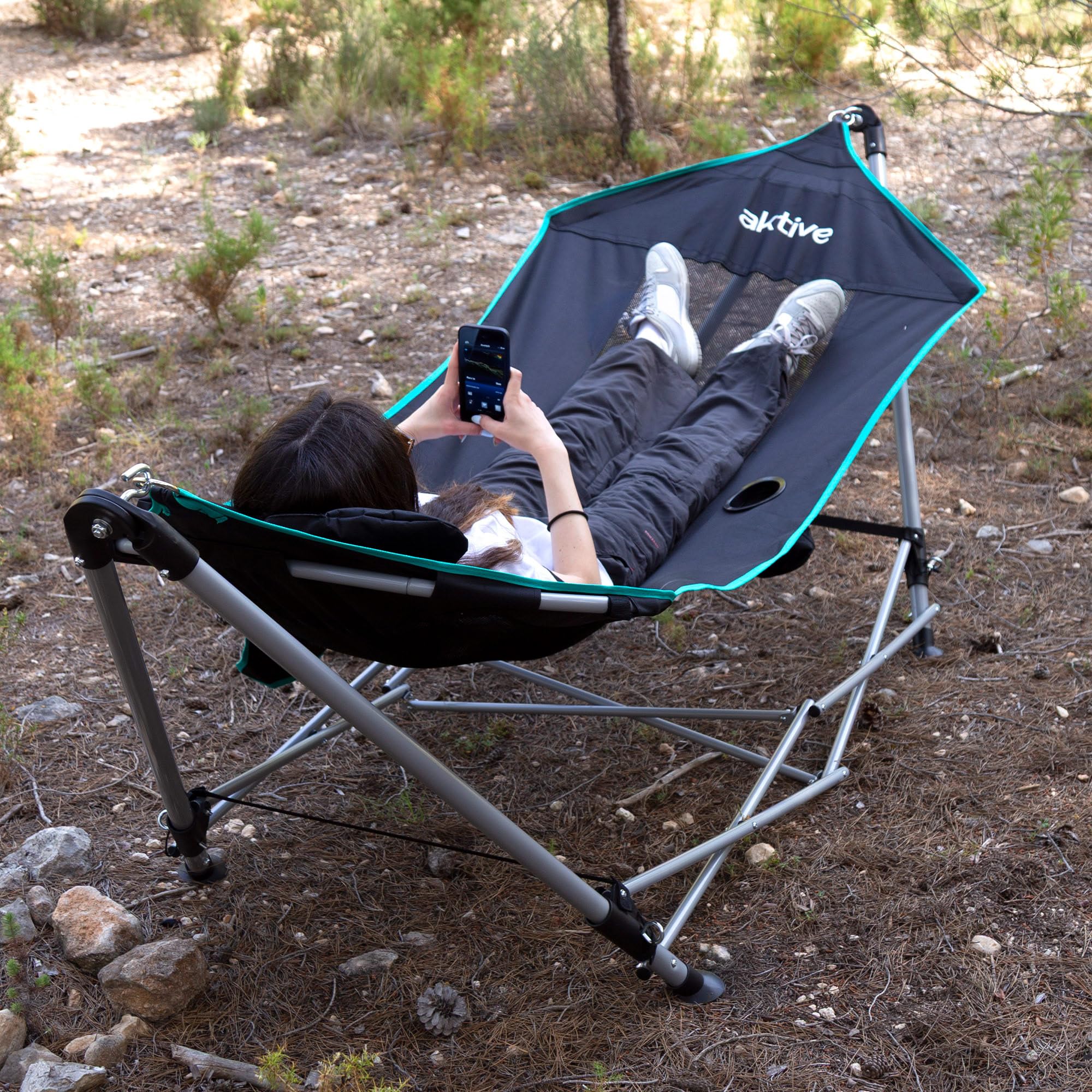 AKTIVE Hamaca Plegable con Estructura de Acero, Asiento de poliéster con Malla y Posavasos, Color Negro, 265 x 78 x 80 cm, Carga máxima 110 kg (63165)