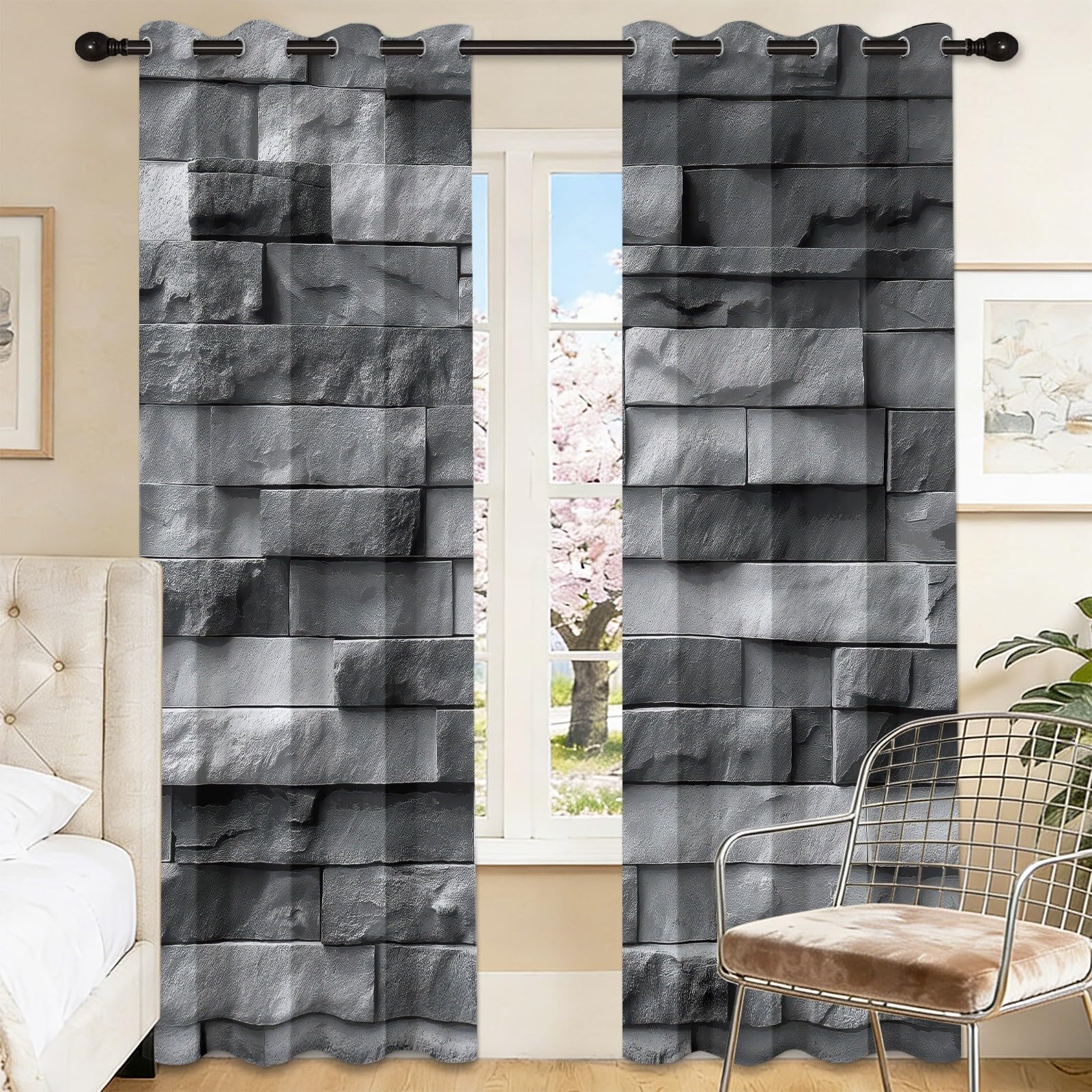 Vorhänge Blickdicht Verdunkelungsvorhang mit Ösen Gardinen, Industriell Modern Grau Steinwand Quadrate Textur Thermovorhang Vorhang Fensterschal für Wohnzimmer Schlafzimmer, 2er Set H 200 x B 70 cm