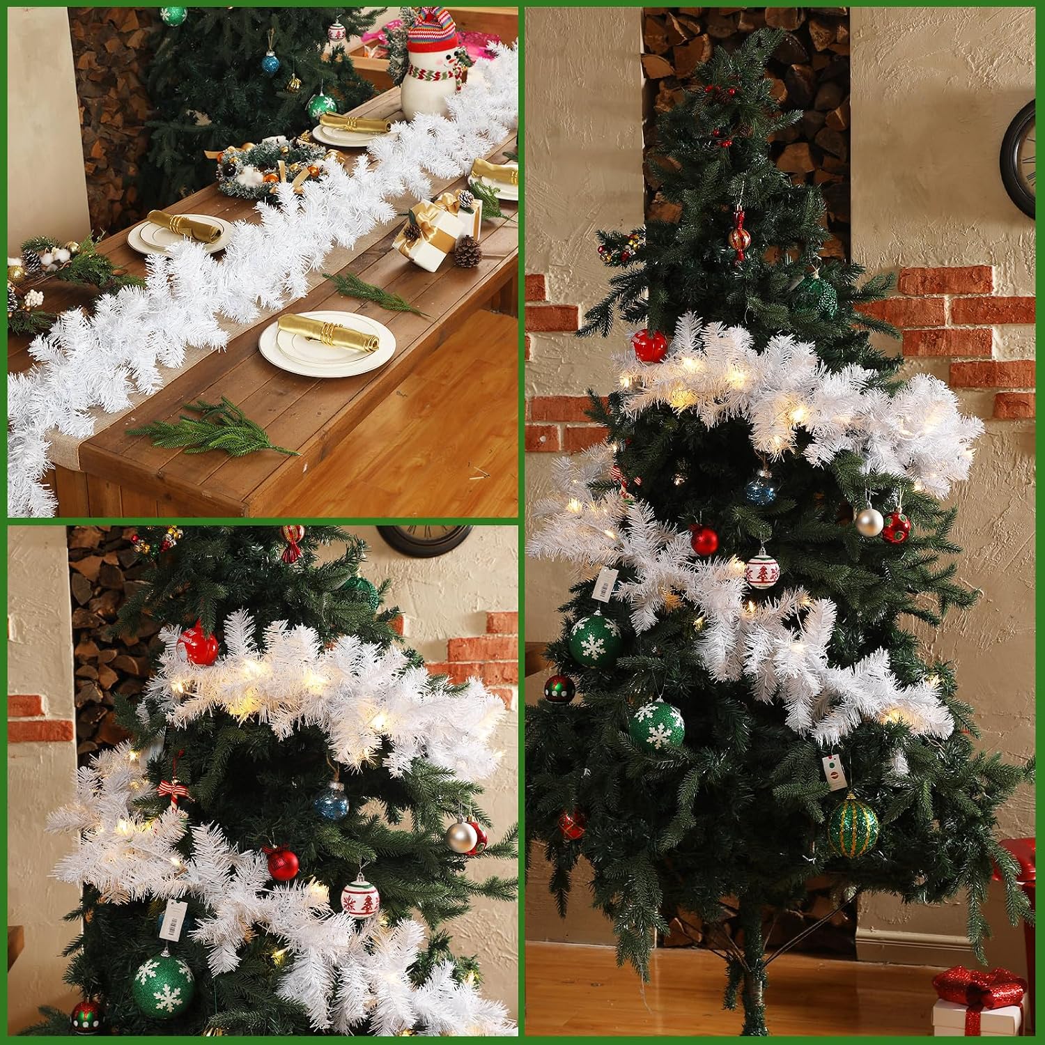 Hotop 9 ft Faux Spruce Artificial Christmas Garland LED Warm Pine Prelit Battery Operated Lighted Garland for Seasonal Indoor Home Fireplace Mantle Tree Stair Decor(2 Pcs,White)