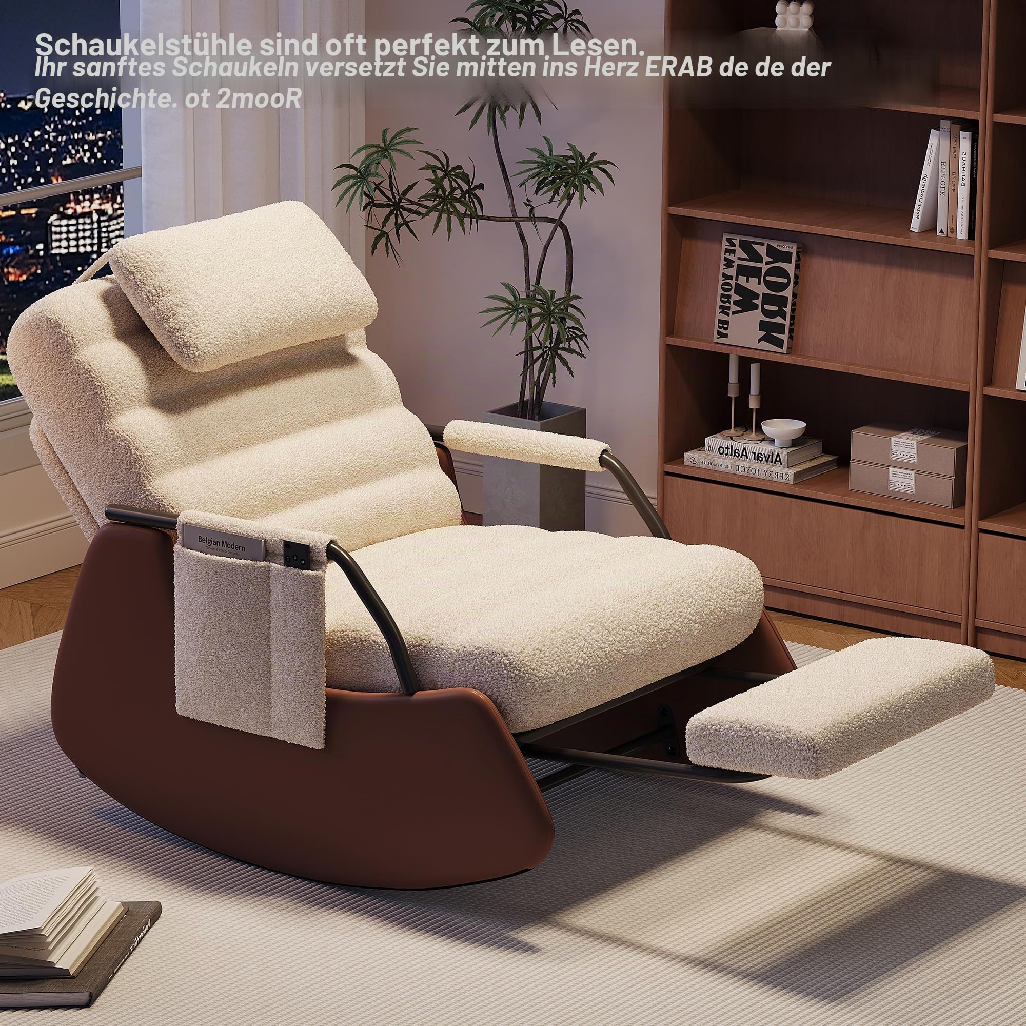 Schaukelstuhl mit Fußstütze, Rückenlehne verstellbar, 3 Positionen, Schaukelstuhl, Relaxsessel mit Kopfstütze, Armlehnen aus Holz, für Wohnzimmer, Schlafzimmer, Lesen (Lammfell, Beige A)