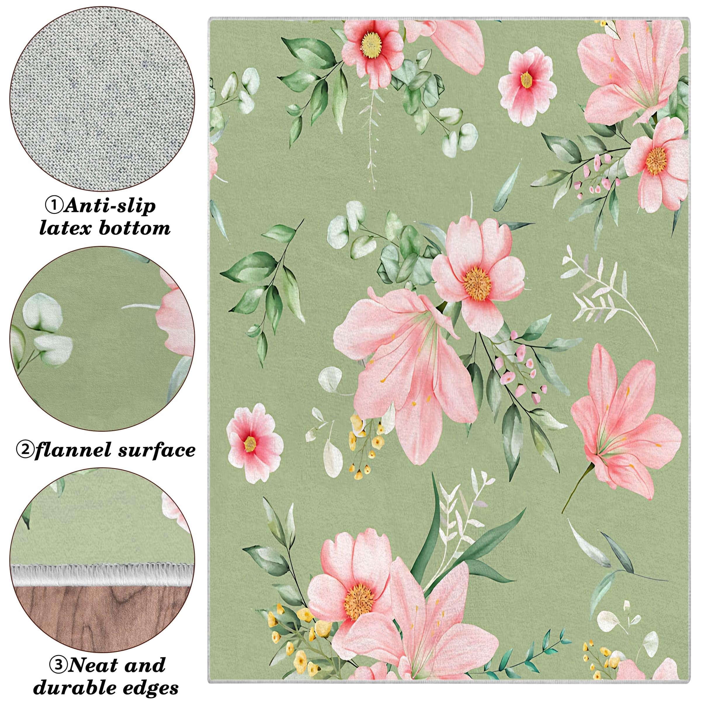 Amazon | ピンクの花 ラグマット 120x160 緑の植物柄 カーペット 洗濯