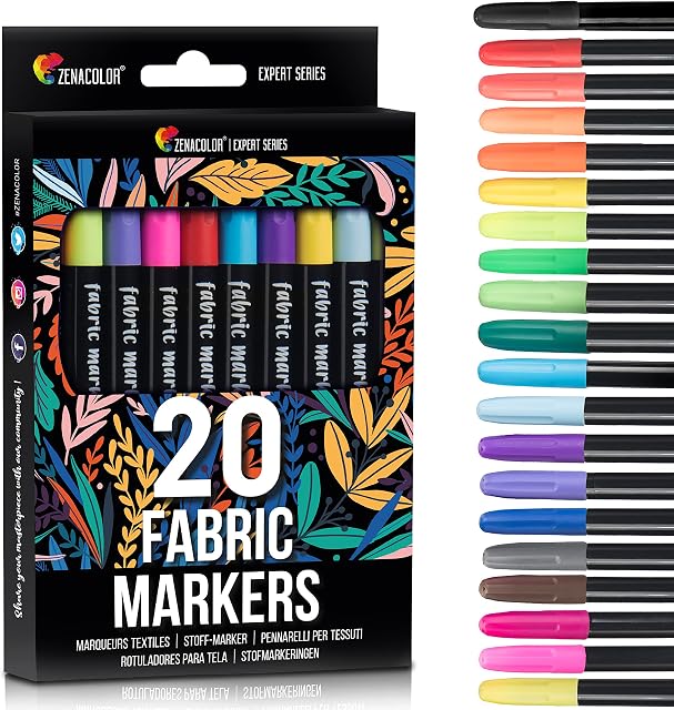 Zenacolor 20 Fabric Pens Permanent for Clothes, Easy to Use, Ideal for Plain T Shirt, Fabric Bag, Tote Bag, and Other Fabrics, Craft Paint Pens