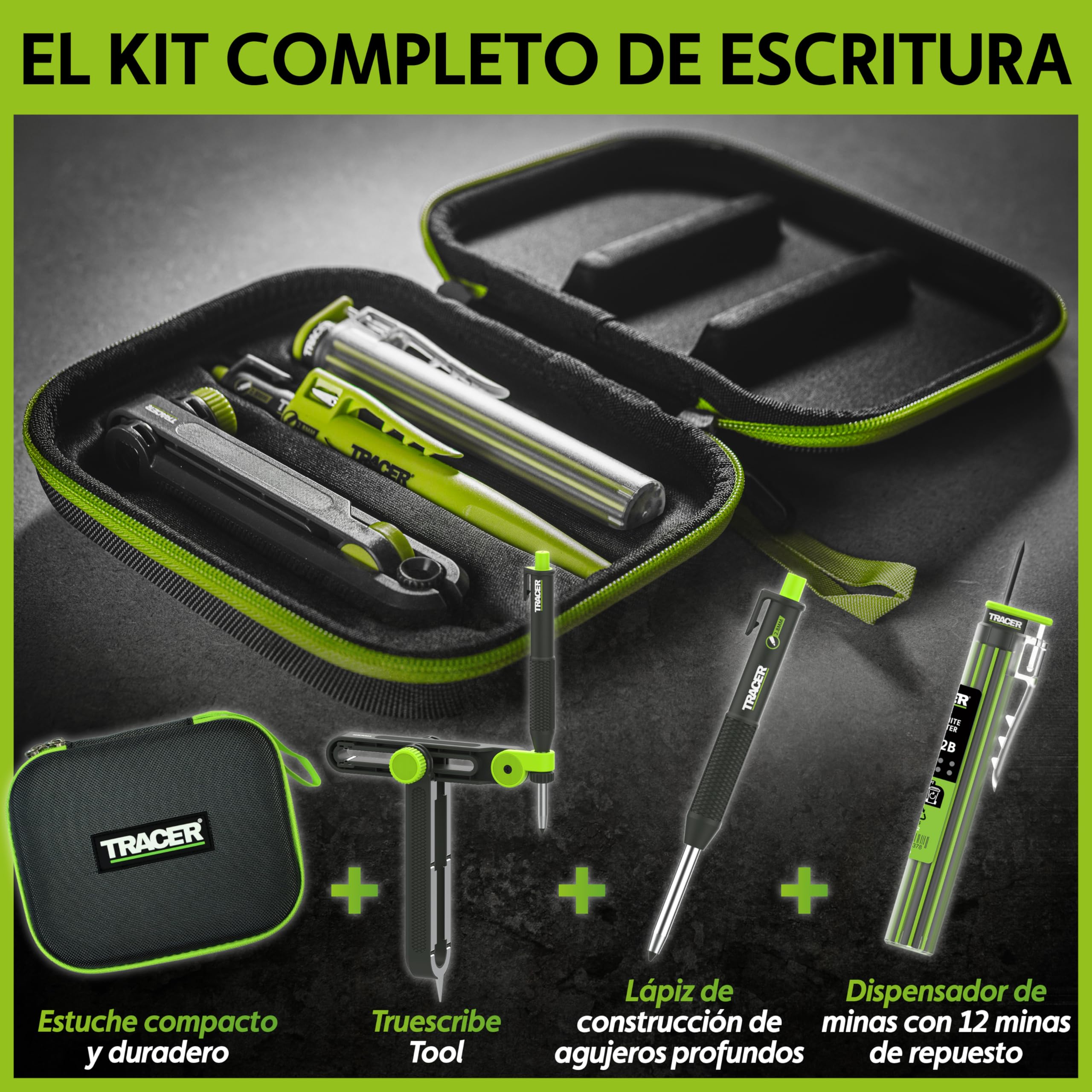 TRACER Truescribe - Herramienta de escritura con lápiz trazador 2.0, estuche de almacenamiento y 12 minas para lápiz. Herramienta de trazado para carpintería y más
