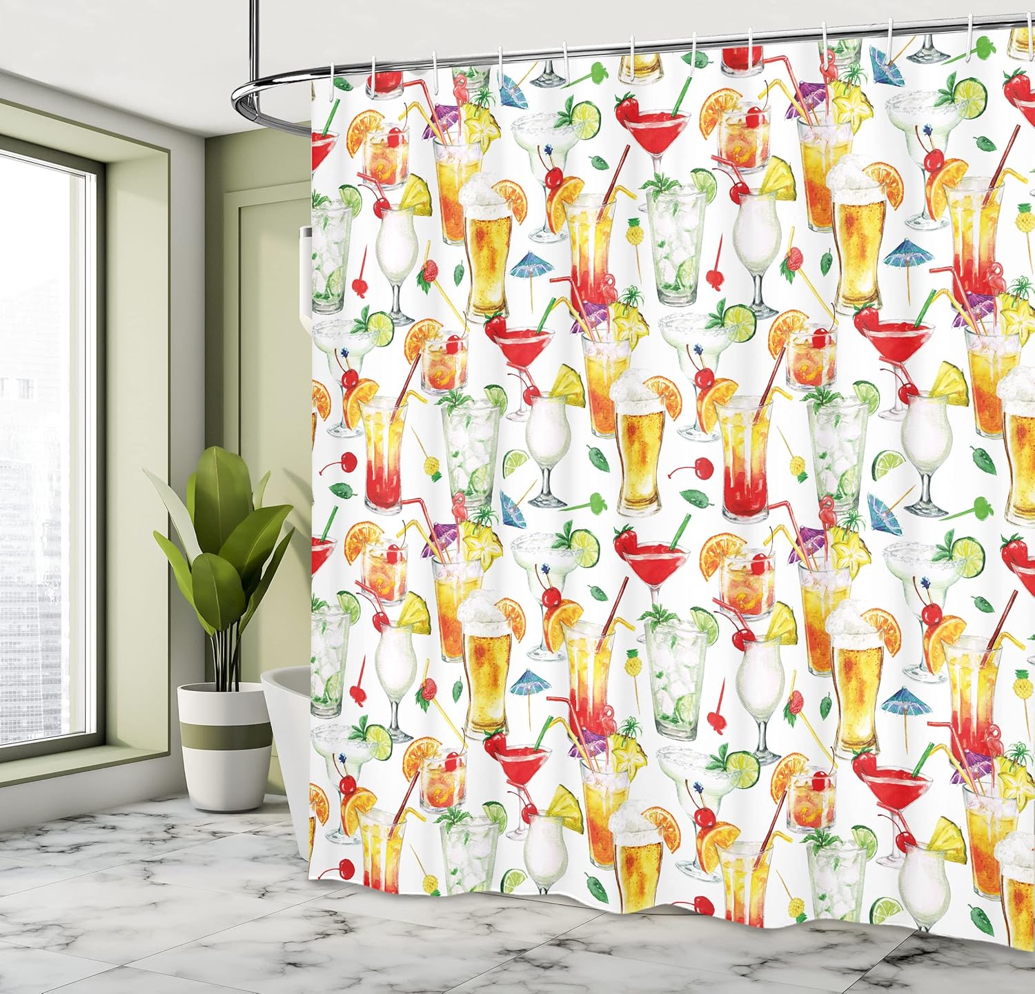 Ambesonne Tiki Bar Shower Curtain, Exotic Cocktails Pattern Summer Drinks Fresh Juicy Beverages Watercolor Artwork, Cloth Fabric Bathroom Decor Set with Hooks, 69" W x 70" L, Orange Red