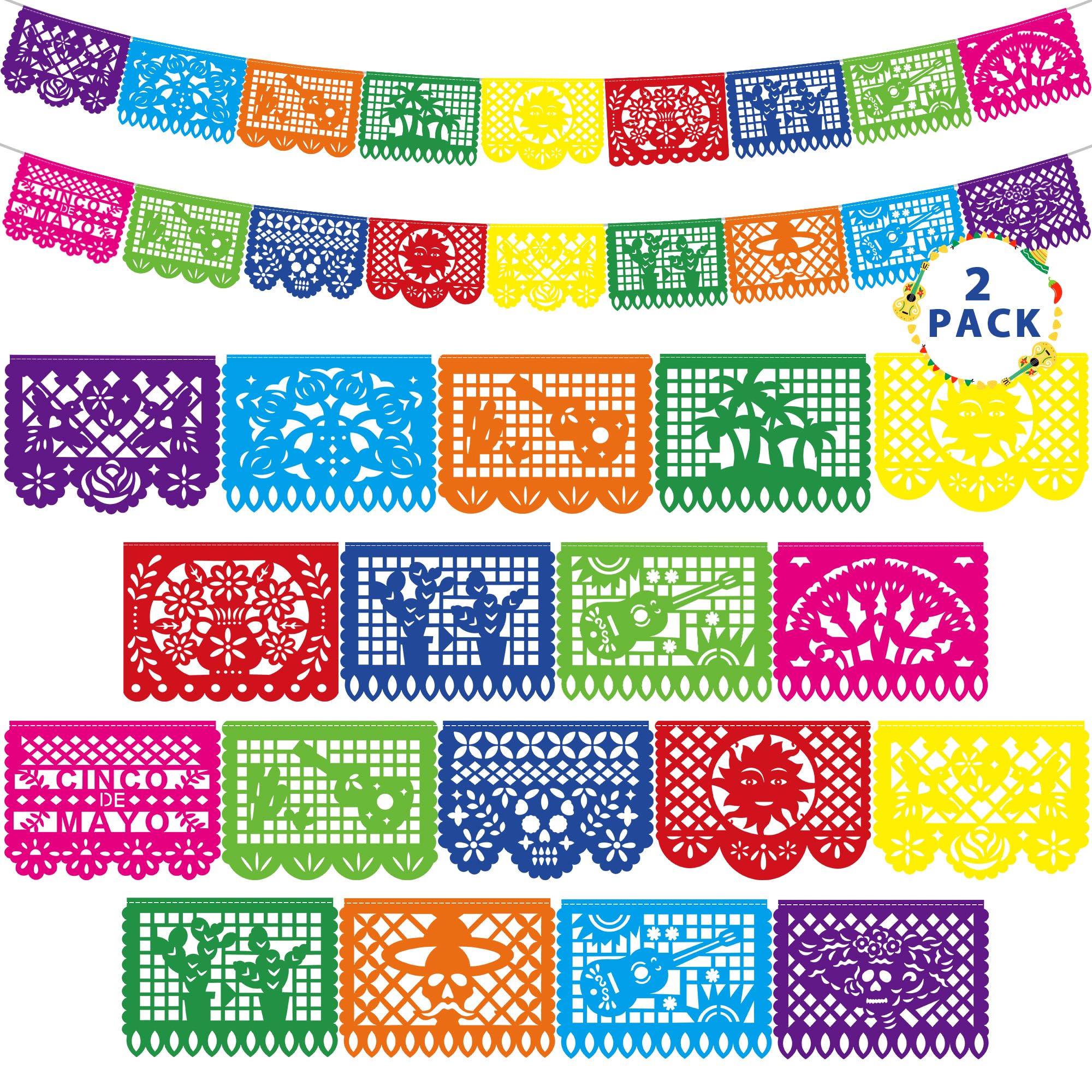36 FT Cinco De Mayo Decorations, 2 Pack Mexican Party Banner, Plastic Fiesta Banner Colorful Papel Picado Hanging Banner String Flags Mexican Theme Party Dia De Los Muertos Day of the Dead Decor
