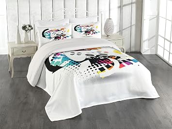 Lunarable Gamer Coverlet Set Queen Size, Modern Console Game Comtroller with Halftone Motif Color Splashes Background, 3 Piece Decorative Quilted Bedspread Set with 2 Pillow Shams, White Multicolor