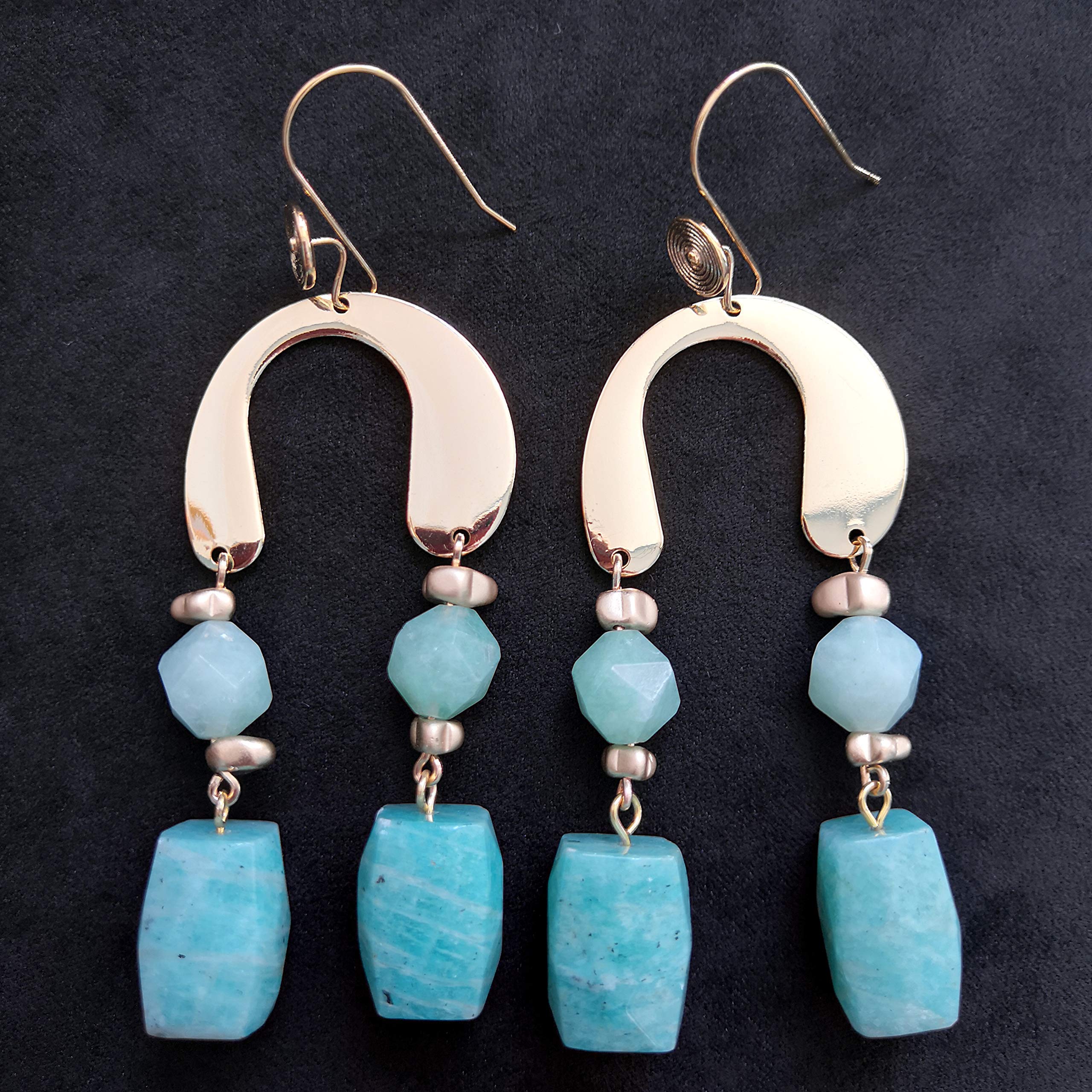 Colección de Navidad 2020 - Serie"Still Golden and Then Some" - Pendiente de amazonita facetada súper grande de 17 mm hecho a mano y pendiente de gota de jade verde facetado de 10 mm
