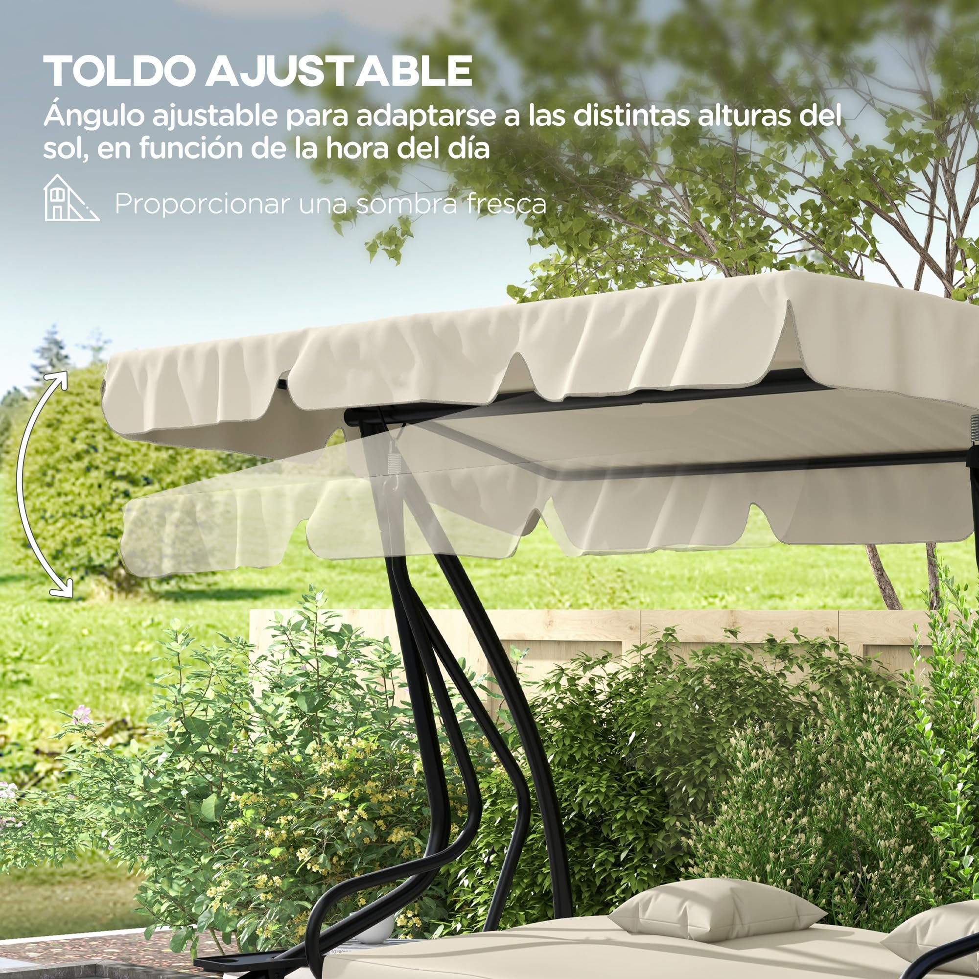 Outsunny Columpio Balancín Jardín 3 Plazas Convertible en Cama Techo Parasol Regulable Bandeja para Bebida Terrza Balcón Exterior Carga máx. 340kg Acero 200x120x164cm Beige