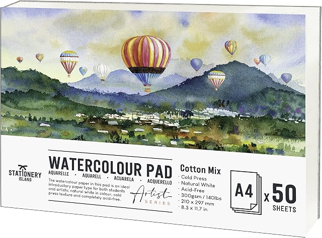 STATIONERY ISLAND Watercolour Paper 300gsm A4 Cotton Artist Grade Water Colour Art Pad 50 Sheets Watercolor Sketchbook for Professional Student Kids Landscape Painting, Drawing and Sketching