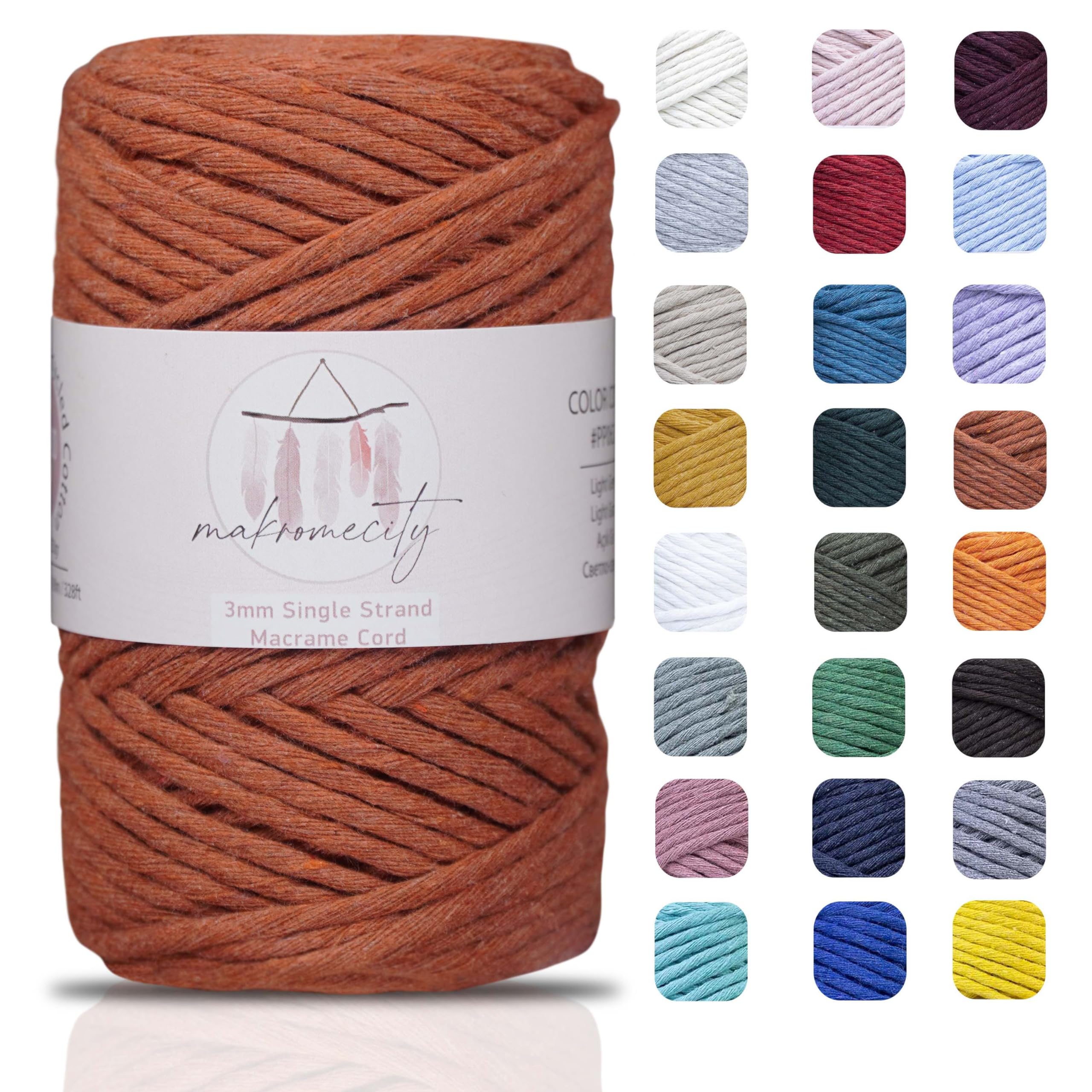 Makromecity, Single Strand Macrame Cord 3 mm x 109 Yards (328 feet) 3mm Single Strand Brick Cotton Cord for Macrame Art & Crafts for Wall Hangings, Keychains (Brick)