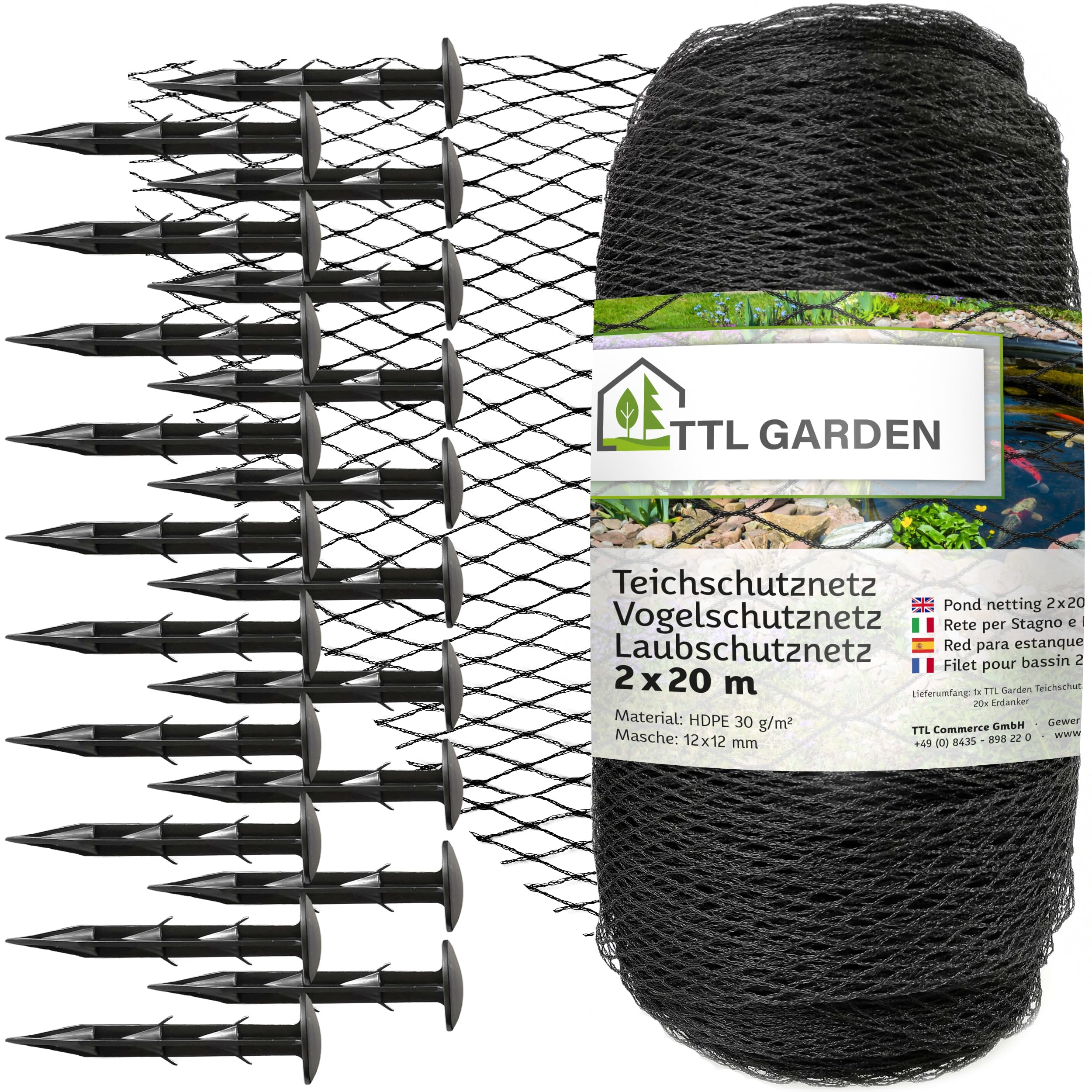 TTL GARDEN Teichnetz Vogelschutznetz 2x20m schwarz 30g/m² - 12x12mm engmaschig Starkes HDPE Poolnetz Obstbaumnetz Gartennetz, Vogelabwehr Netz, reißfest dehnbar robust mit 20 Bodenanker