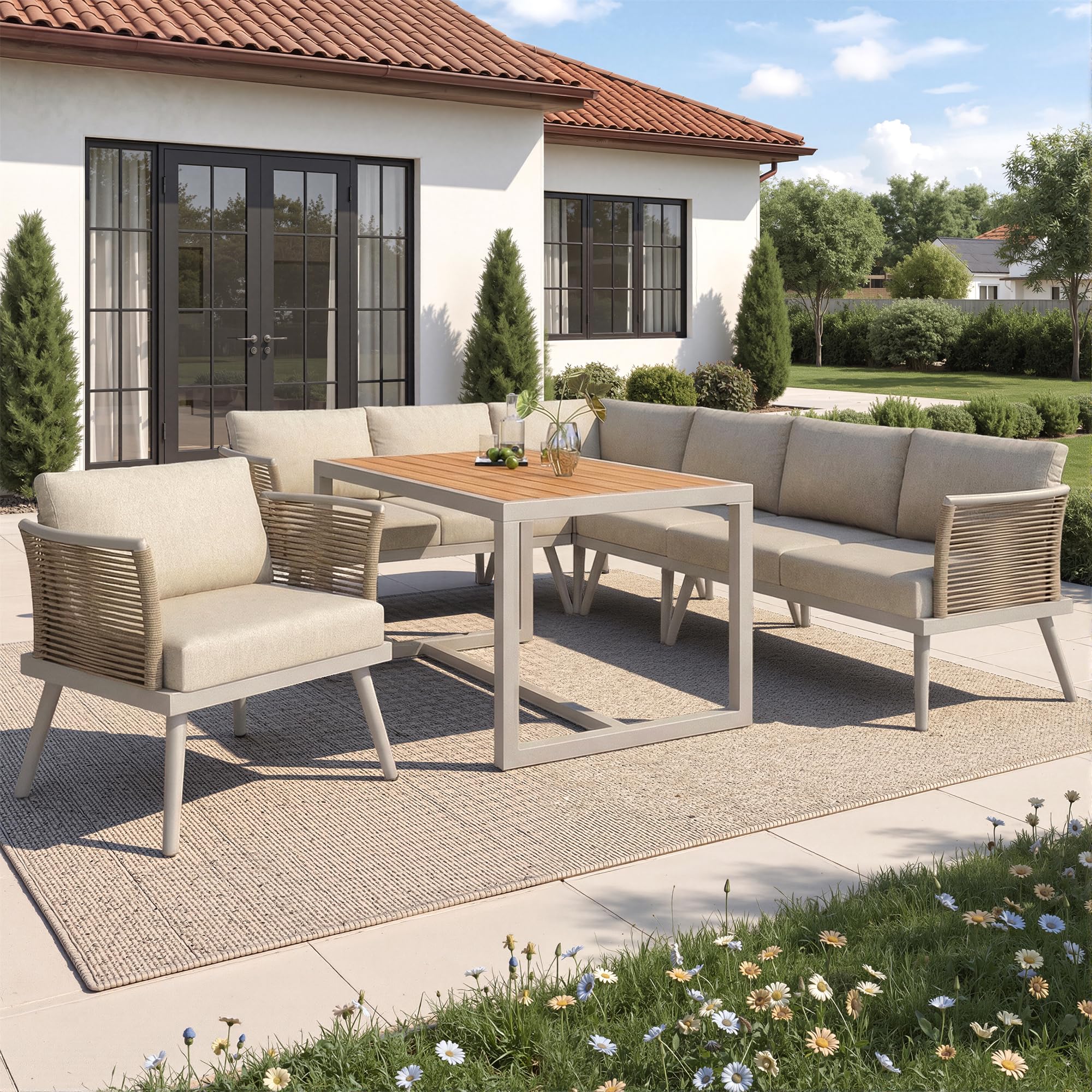 Merax Garten Lounge Set für 7 Personen, L-Förmige Gartenmöbel mit Geflochtenen Armlehnen, Wetterfeste Outdoor Sitzgruppe aus Metall mit WPC Tisch & Dicken Kissen für Terrasse Balkon, Beige