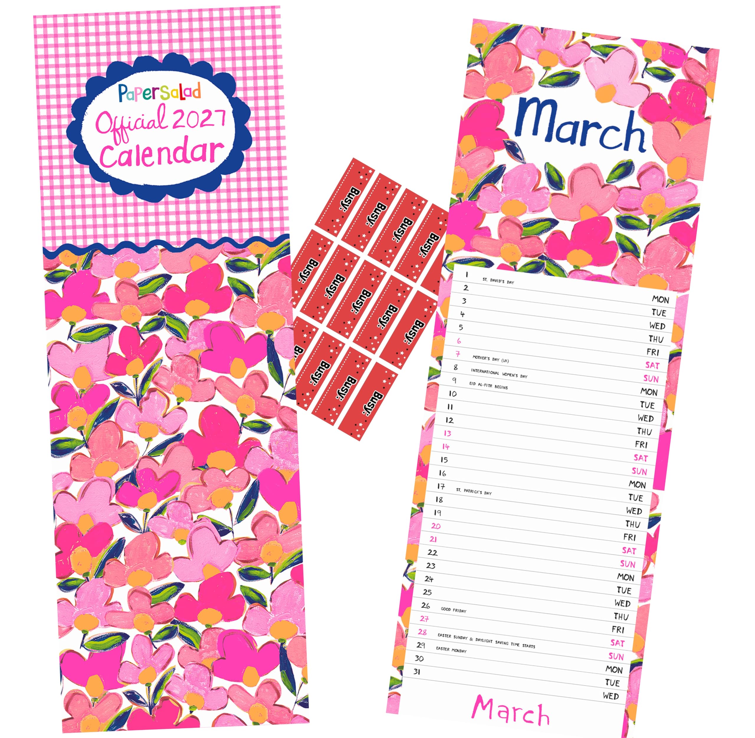 Paper Salad Calendar 2027 Month To View Slim Wall Calendar, Plastic Free with Free Organisational Stickers