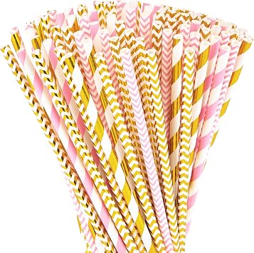 Paper Straws 200 Pack Biodegradable Gold and Pink Striped Design 8.25" Straw for Everyday/Birthday Party/Baby Shower/Wedding/Anniversary and Parties, Long Lasting by DuraHome200 Pack, Gold & Pink