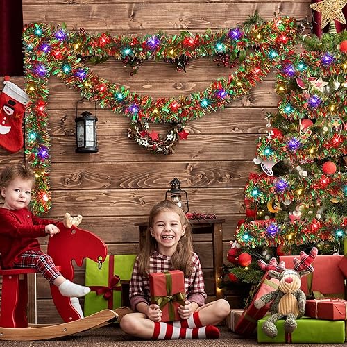 Miniatura 6 de Dingion Guirnalda de árbol de oropel de Navidad de 39.4 pies con 120 luces LED colgantes para decoración del hogar (guirnalda roja, verde, dorada,