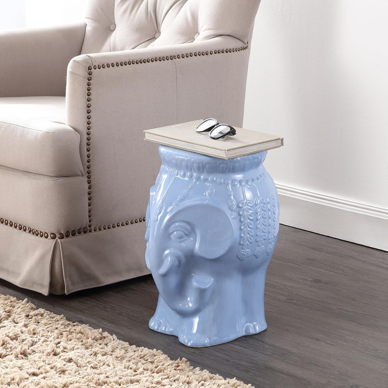 Eyely LBT1026B Martha 18.5" Modern Bohemian Elephant Ceramic Garden Stool, Blue