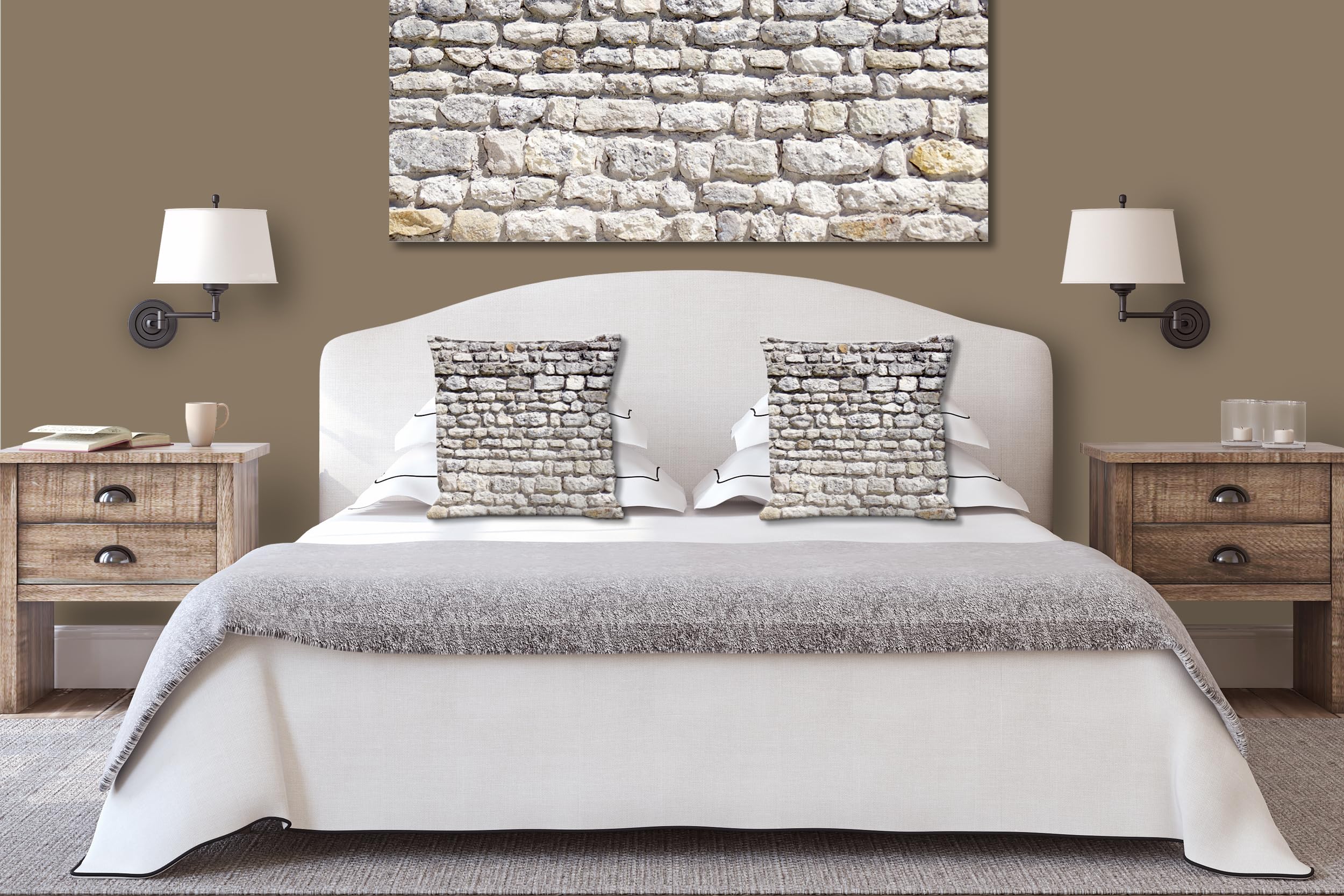 Steinwand - Foto-Kissen-Hülle Set (2 STK.) 40 x 40 cm | Kissen-Bezüge - passend zu Wandbild - Deko-Kissen - Steine Muster Struktur Haus Wand