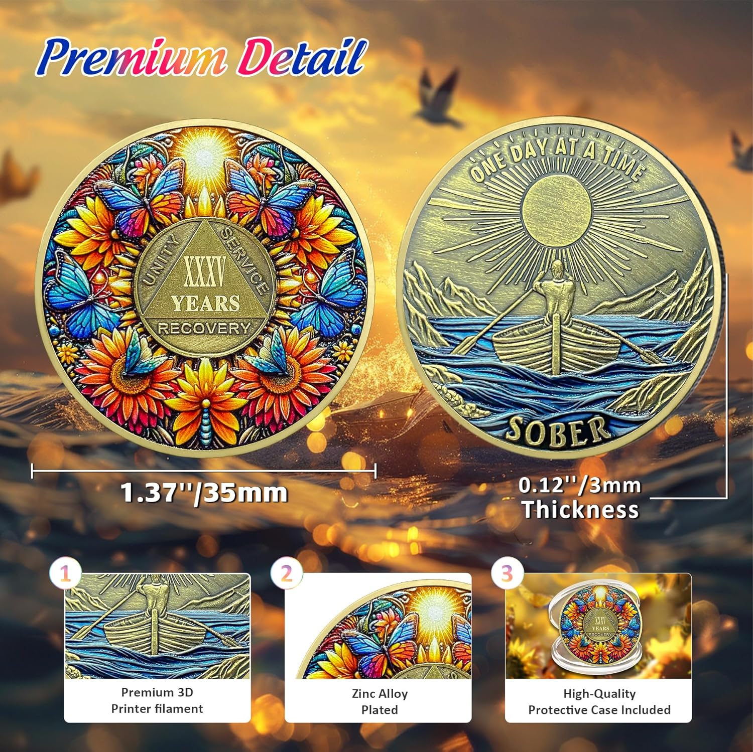 Delicate Sunflower 35 Year Sobriety Coin - 35 Year Recovery Butterfly AA Coins - One Day at A Time NA HA AA Chips and Medallions - 1-40 Years Living Clean Alcoholics Anonymous Gifts for Men Women - Image 3