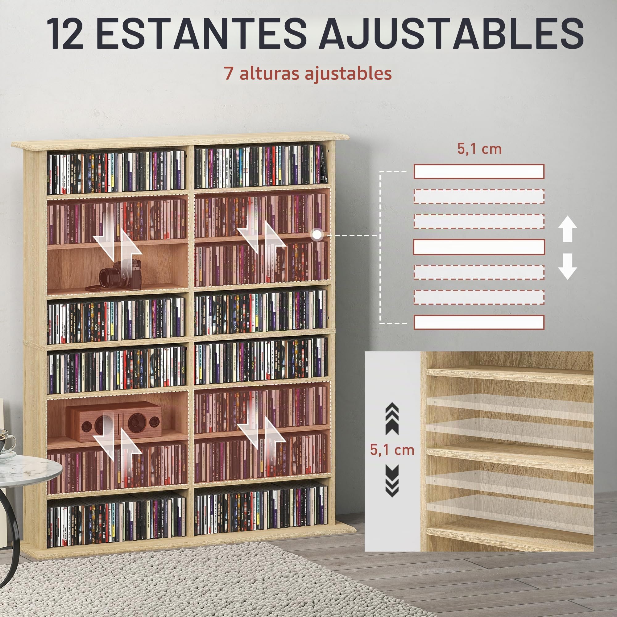 Unidad de almacenamiento de CD y DVD HOMCOM, unidad de almacenamiento multimedia con 16 compartimentos y 12 estantes ajustables, capacidad máx. 720 CD/396 DVD y Blu-ray, 106,5 x 24 x 123,7 cm, madera