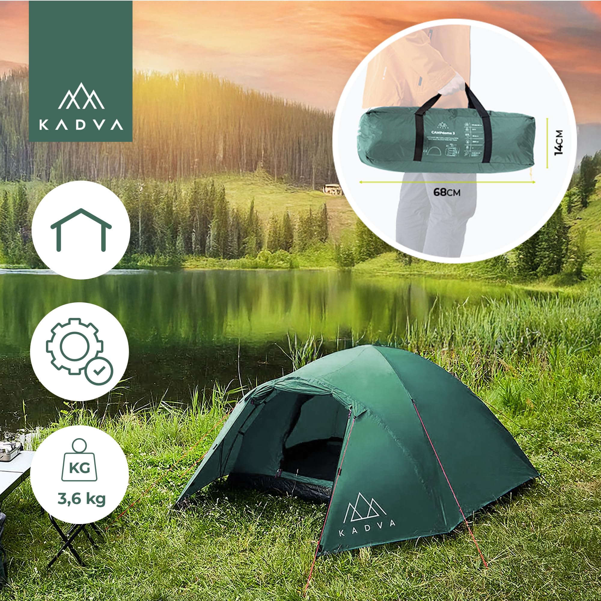 KADVA CAMPdome 3 tende da lancio per 3 persone, 270 x 210 x 125 cm, impermeabile, leggero e resistente, struttura in fibra di vetro, ideale per campeggio e escursioni