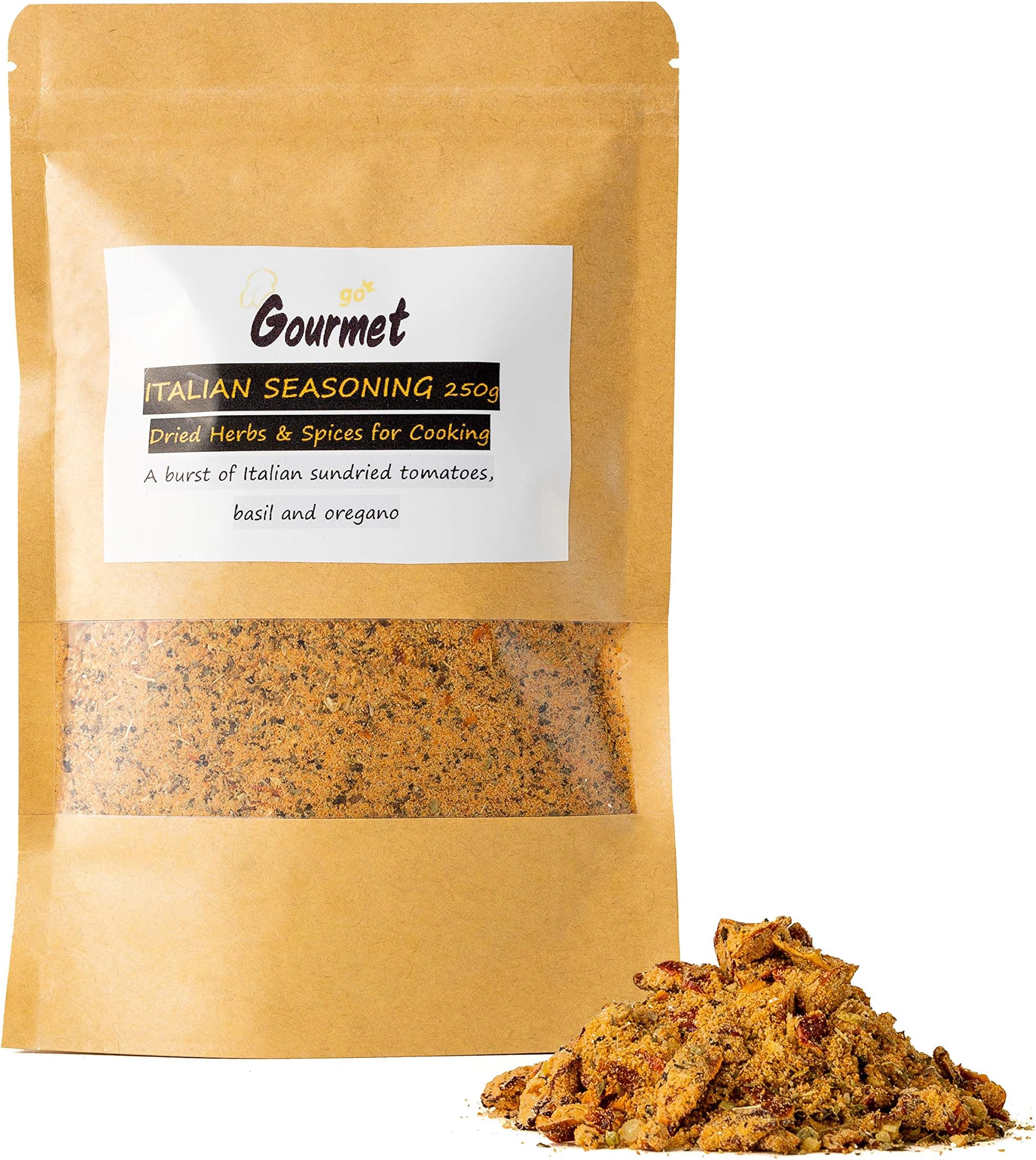 Go Gourmet Italian Seasoning - Dried Herbs and Spices for Cooking and Seasoning - Incredible Mediterranean Taste with Oregano, Dried Basil, Sun-Dried Tomatoes and More - 250g Bulk Seasoning Blend Bag