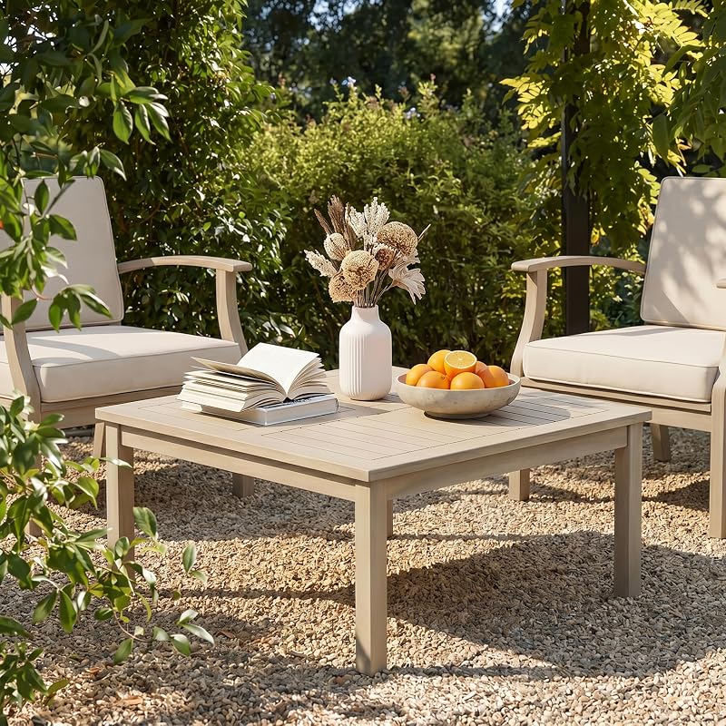Christopher Knight Home Mason Mesa de centro para exteriores para muebles de patio, mesa decorativa de madera de acacia resistente a la intemperie con diseño de listones, mesa auxiliar cuadrada rústica para porche de jardín, blanco claro