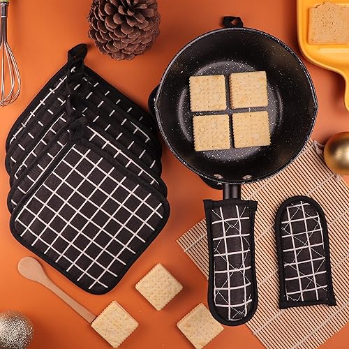 Miniatura 6 de Juego de 6 manoplas para ollas de cocina resistentes al calor, con 2 agarraderas para mango caliente para cocinar y hornear, con forro de algodón