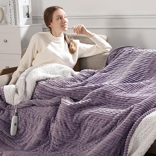 Electric Blanket Full Heated Blanket Full Size - Striped Flannel & Thick Sherpa, 5 Heat Settings & 10 Hour Auto Off with FCC/ETL Certified, Overheat Protection & Machine Washable, Lavender 72"x84" - 04-lavender Purple - 72"x84"Full