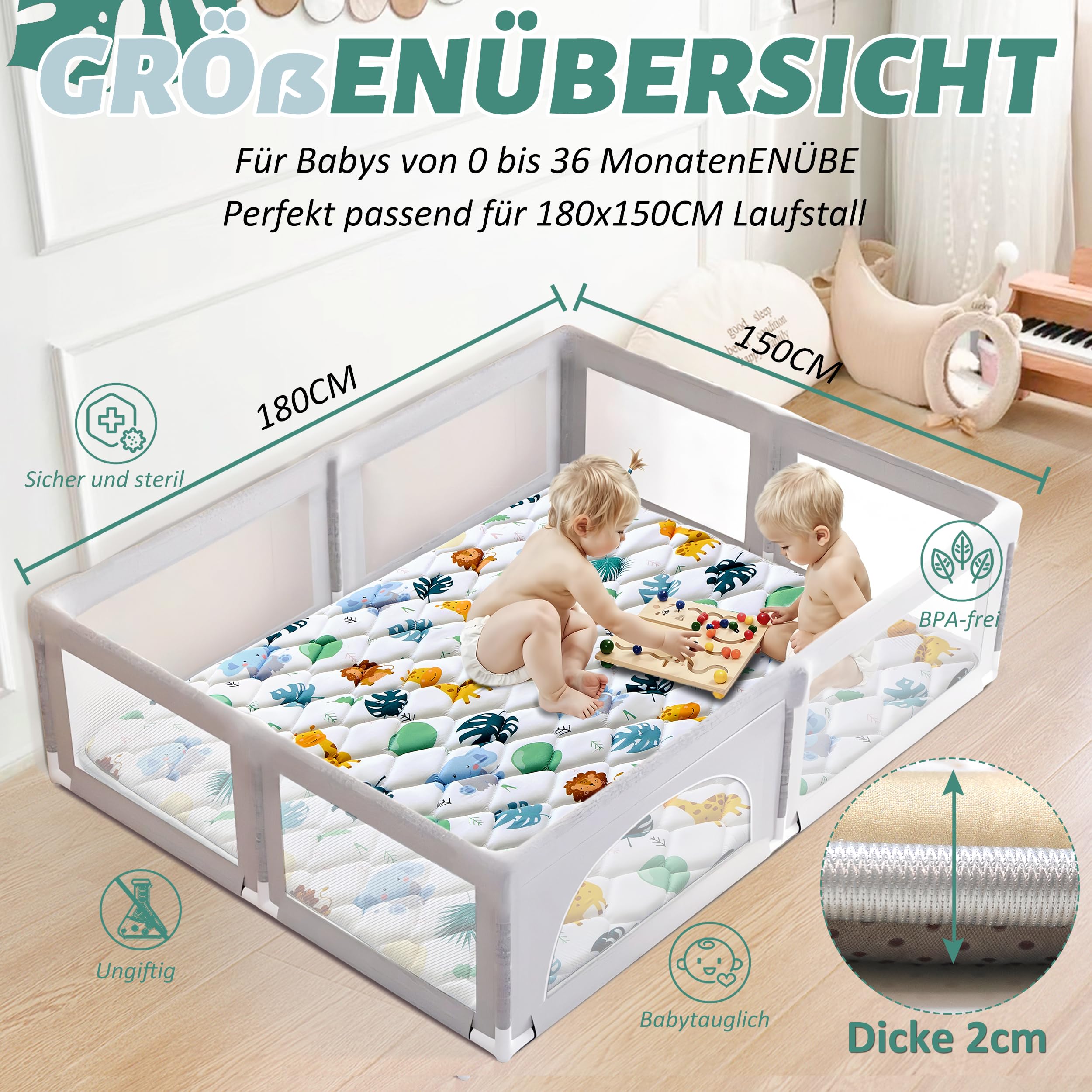 YBIKE Baby Spielmatte, Faltbare Große rutschfeste Dicke Baby Krabbelmatte 180x150cm, Tragbare Weiche Bauchzeitmatte, Waschbare Aktivitätsmatte für Kinder (Tiere)