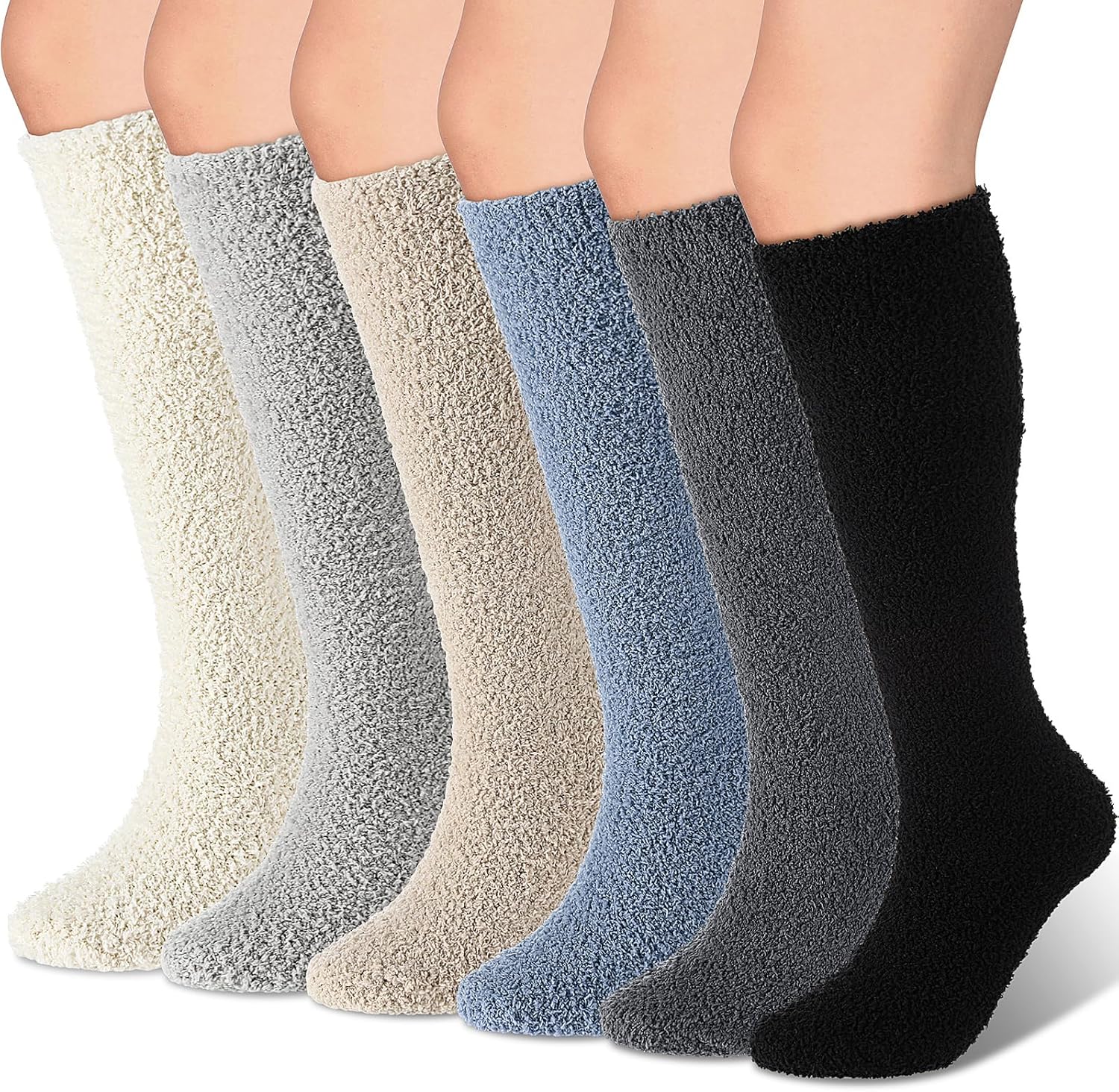 Geyoga 6 Pairs Knee High Cozy Fuzzy Socks for Women Soft Warm Long Plush Winter Long Socks for Winter Valentines Day Gifts