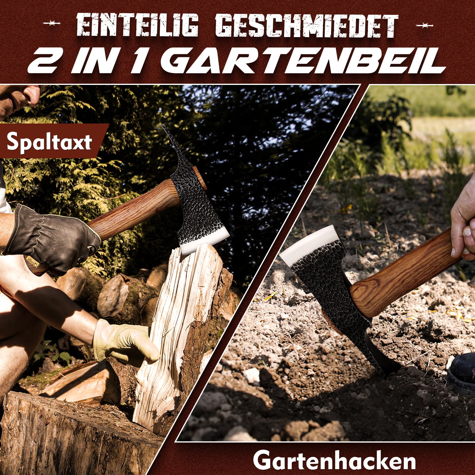 Purple Dragon 2 in1 Beil Axt und Gartenhacke,Axt Holz Spalten Handgeschmiedet Spaltaxt mit Holzgriff,Outdoor Axt Set mit Scheide und Camping Gabel für Garten Wald Survival,Geschenke für Männer
