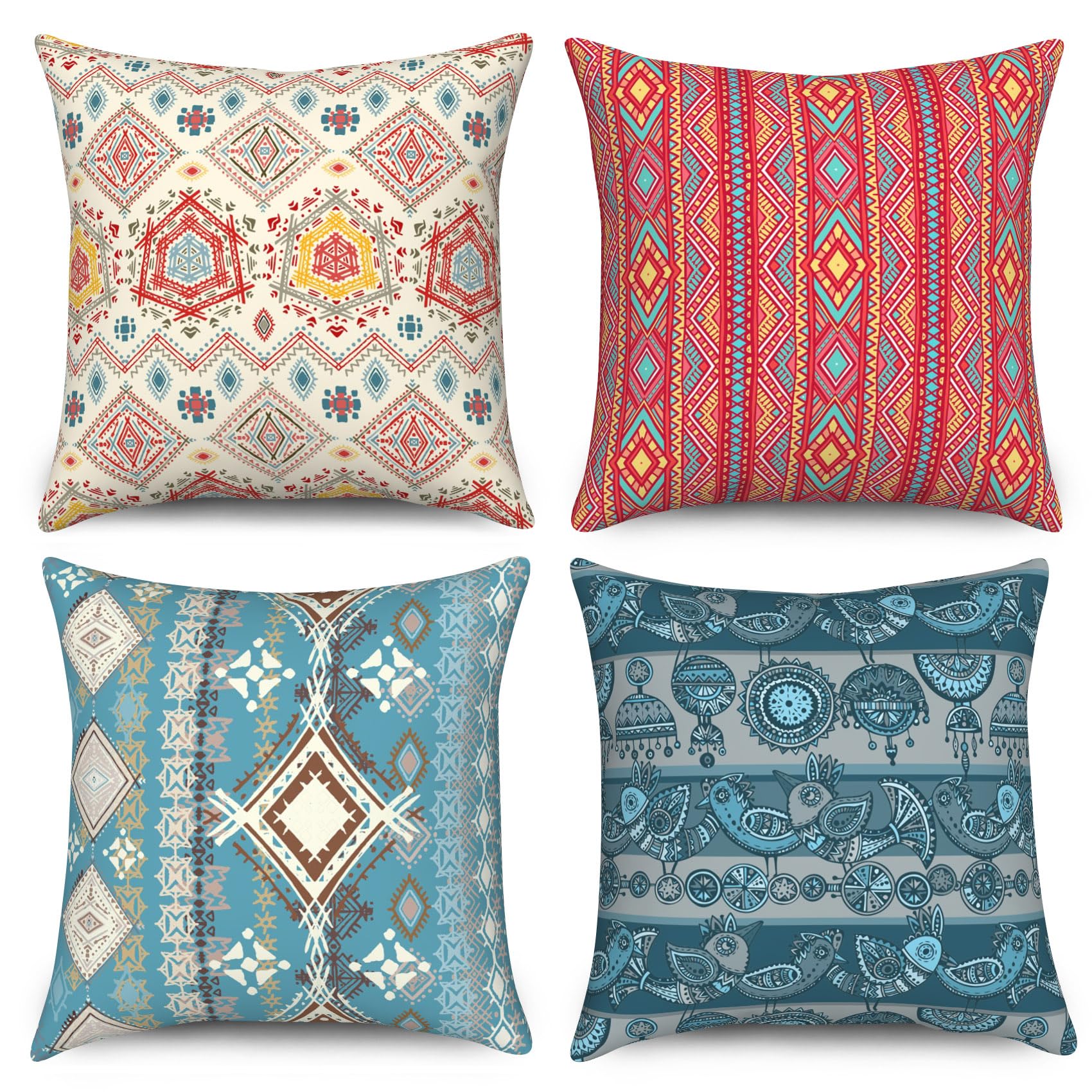 Yanutan Throw Pillow Covers, Colorful Boho Decorative Velvet Pillow case, Vintage Pattern Bohemian 4-Pack Double-Side Printed Pillowcases for Sofa