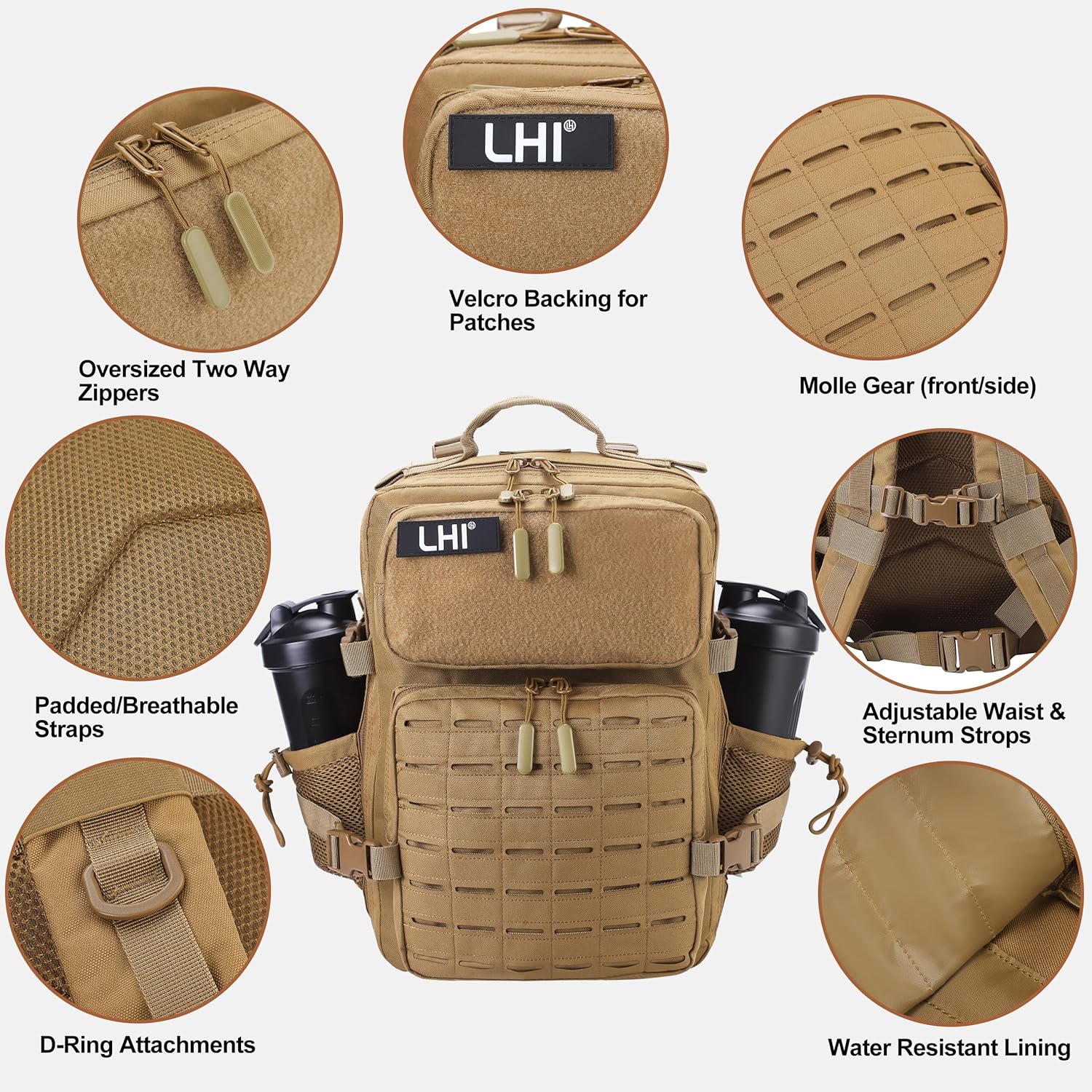 LHI Tactical Military Backpack for Men 25L/45L Large Molle Army Assault Pack 3 Day Hiking Rucksack With Bottle Holder