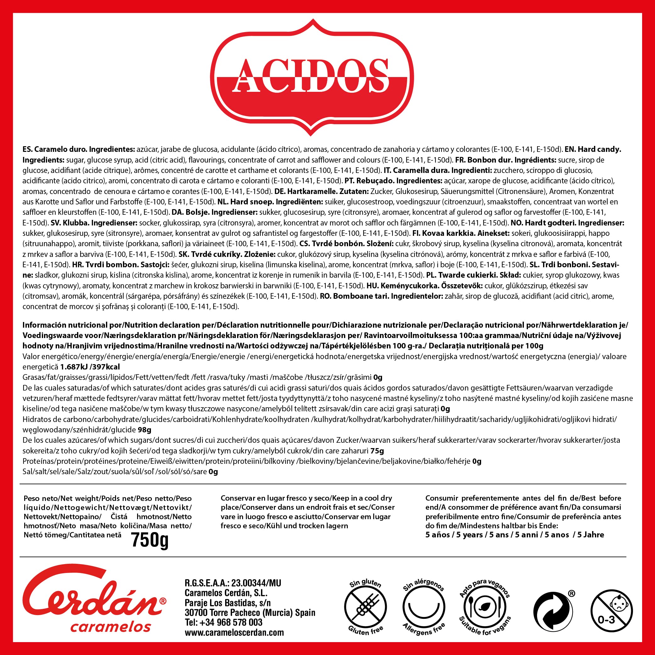Caramelos Cerdán Caramelos Ácidos de Sabores Variados Bolsa 225 Unidades 750 g Caramelo Duro Sin Gluten