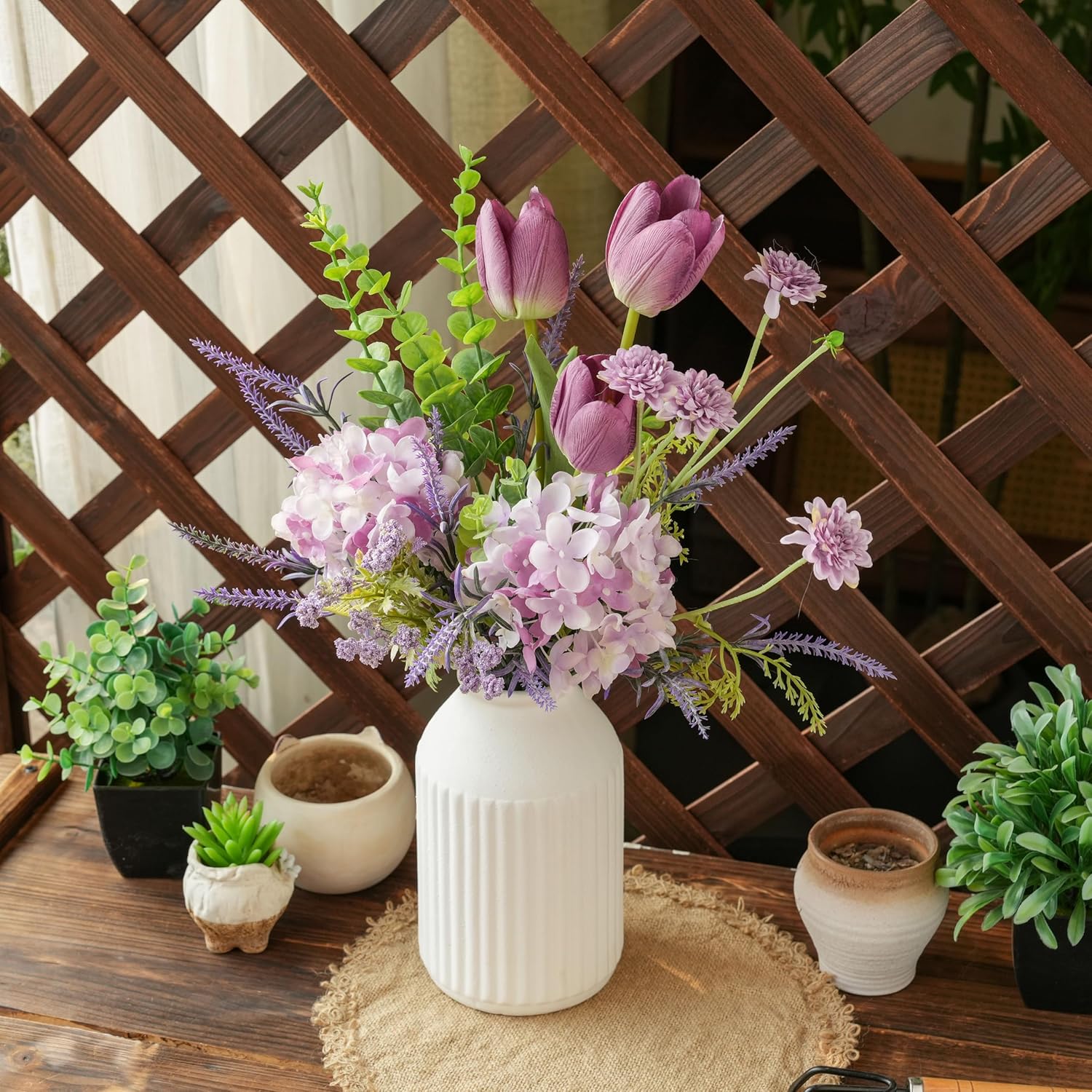 LUEUR Artificial Flowers with White Ceramic Vase – Spring Floral Centerpiece Table Decorations, Faux Tulip, Hydrangea & Lavender Flower Arrangement for Coffee Table, Dining Room, Spring Decor