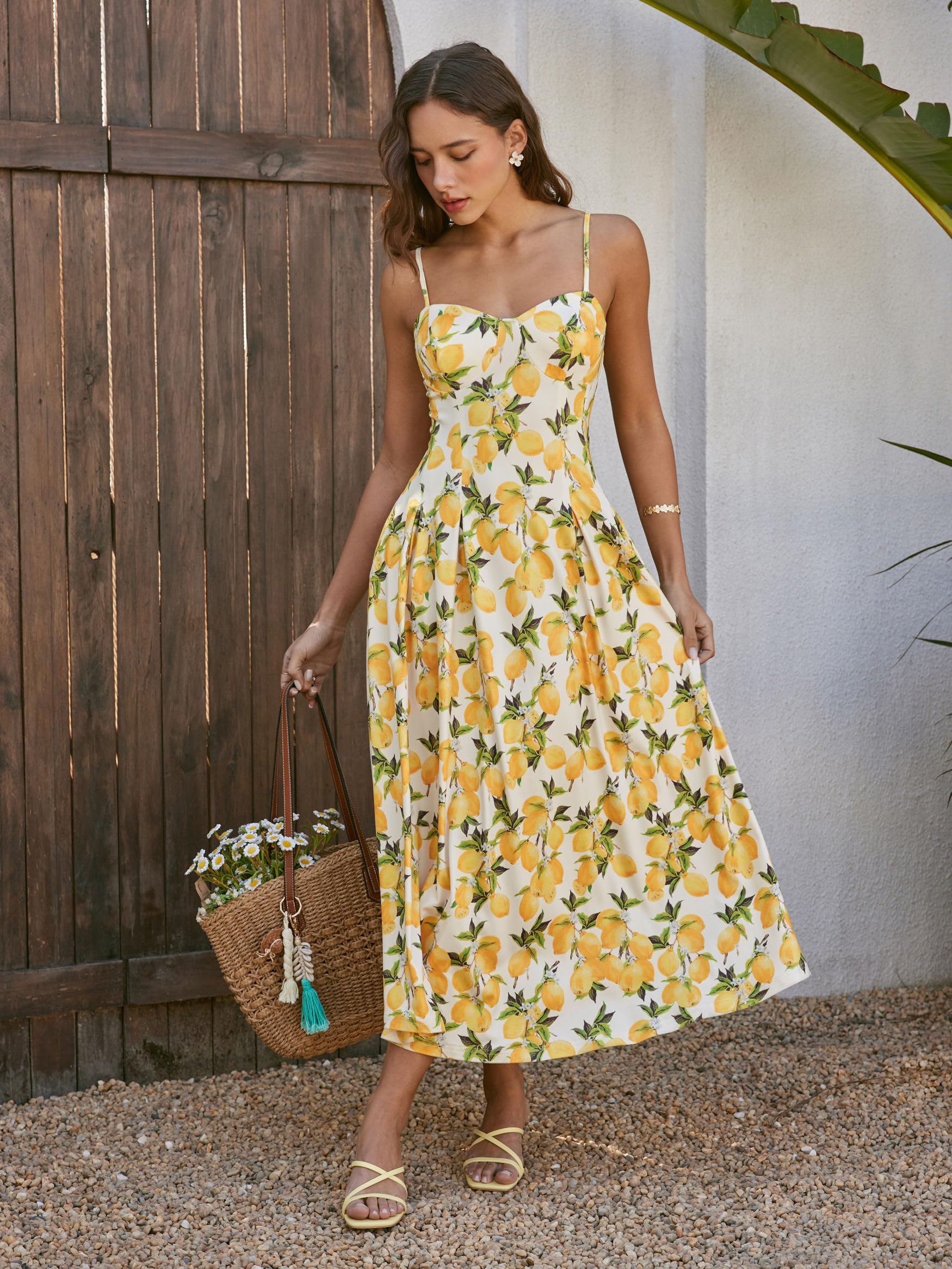 CIDER Sonnenkleider für Damen, Zitronengelb, Spaghettiträger, A-Linie, quadratischer Ausschnitt, Maxikleid, Urlaub, Party, Strand, Outfits