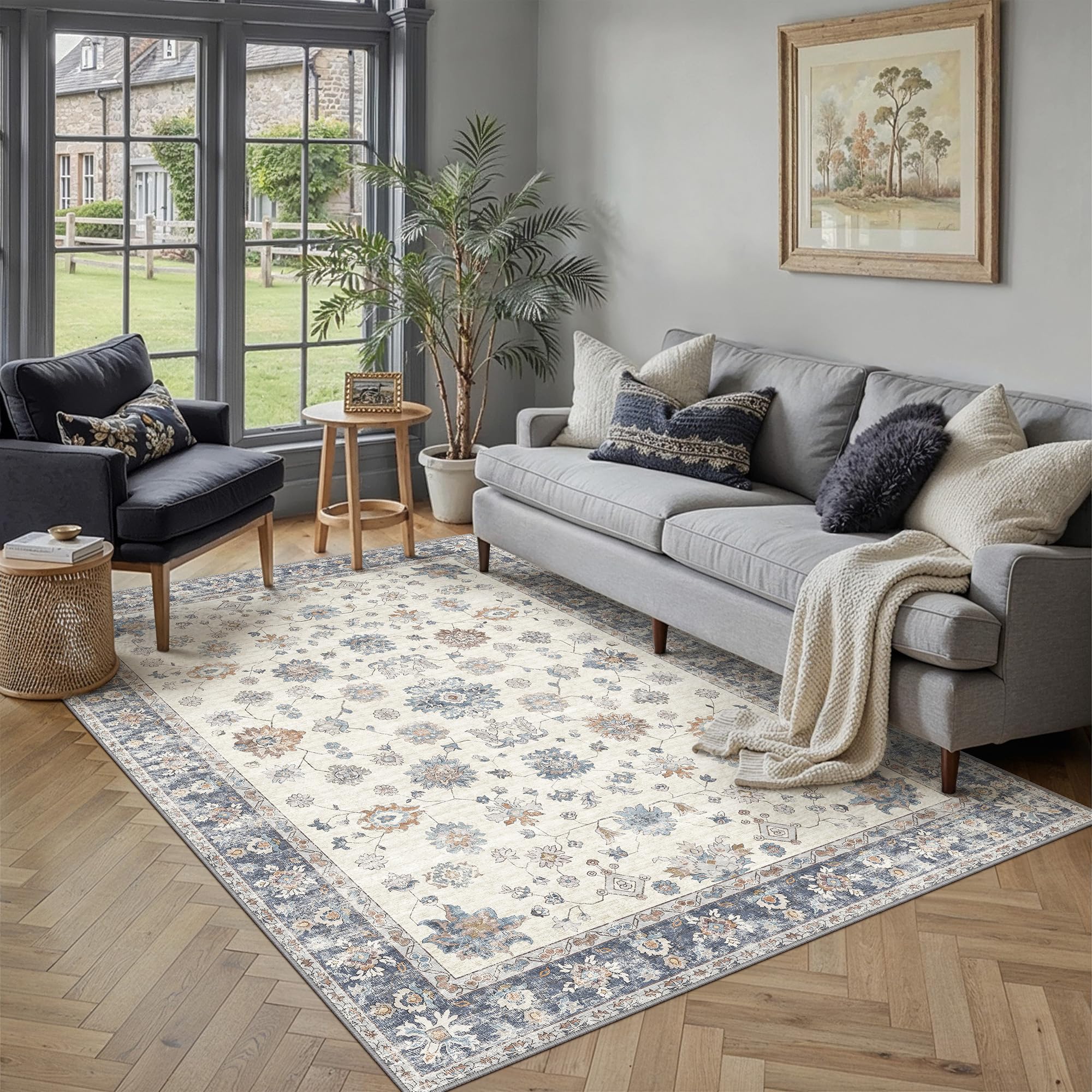 PureCozy Rugs Living Room 120x170cm Blue White Washable Non Slip Large Vintage Area Bedroom Rug Bedside Nursery Lounge Office Playroom Indoor Big Carpet Low Pile Carpets Retro