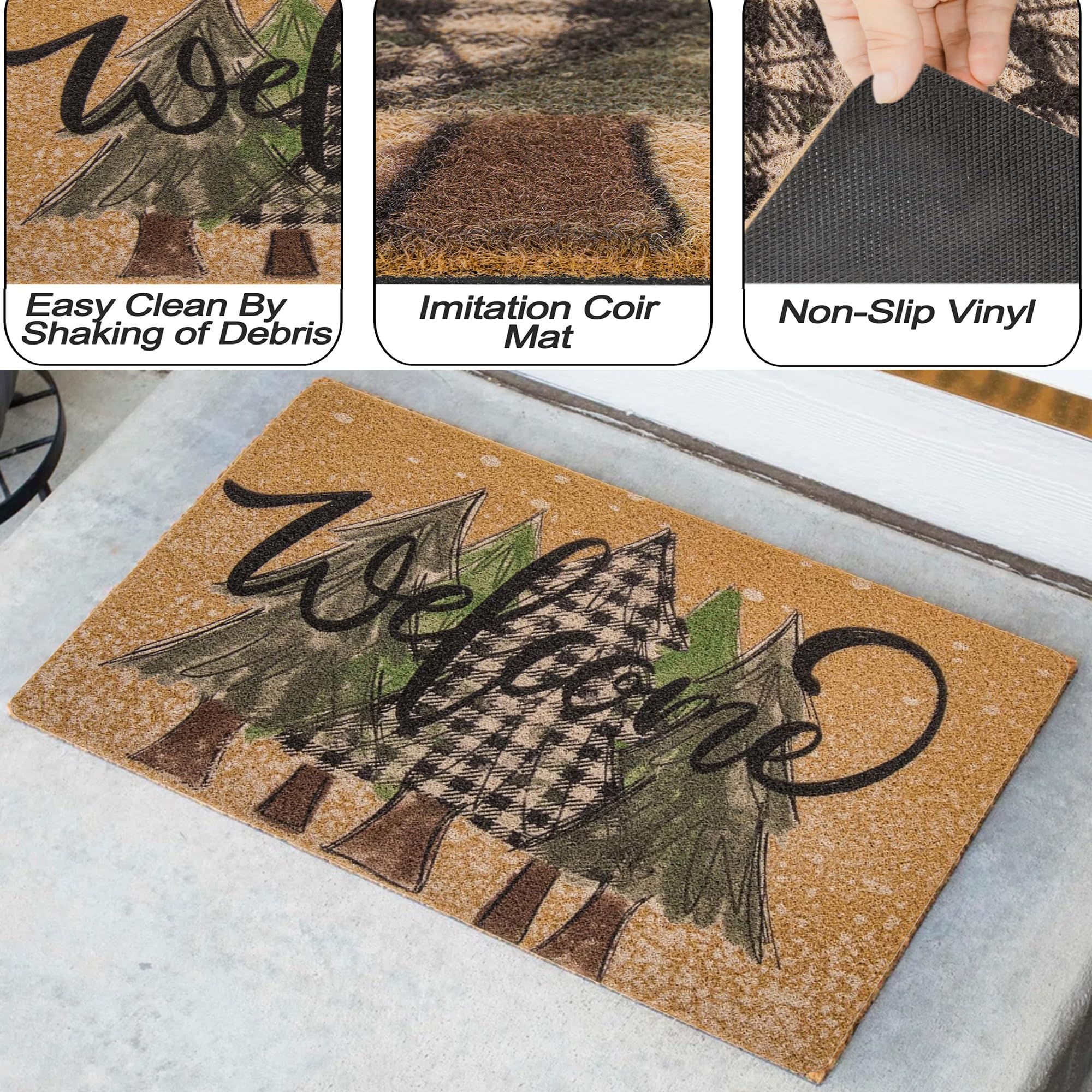 UTOWO Paillasson de bienvenue antidérapant avec imprimé forêt de pins - Tapis d'entrée enneigé - Tapis de Noël au pays des merveilles - 43,2 x 76,2 cm