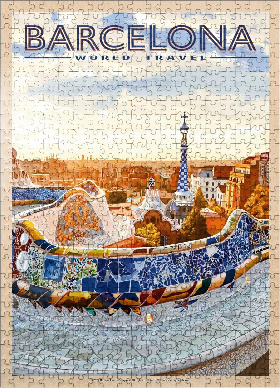 MyPuzzle Barcelona, Spain - Park Güell, Mosaic Mirage At Dusk, Vintage Travel Poster - Premium 1000 Piece Jigsaw Puzzle for Adults