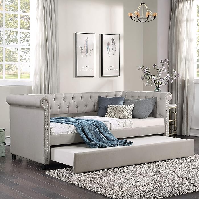 Buy FLIEKS Twin Daybed, Linen Fabric Upholstered Daybed with Trundle