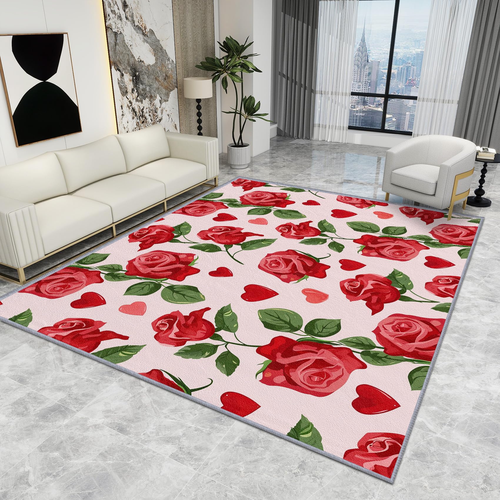 Floral Rug Large - Floral Rug - Red Rose Flower Love Heart Rugs, Romatic Valentine's Day Botanical Carpet, Washable Rug Non Slip Low Pile Soft Large Area Rugs, Floral Home Decor Gifts, 120 X 180 cm — image 1