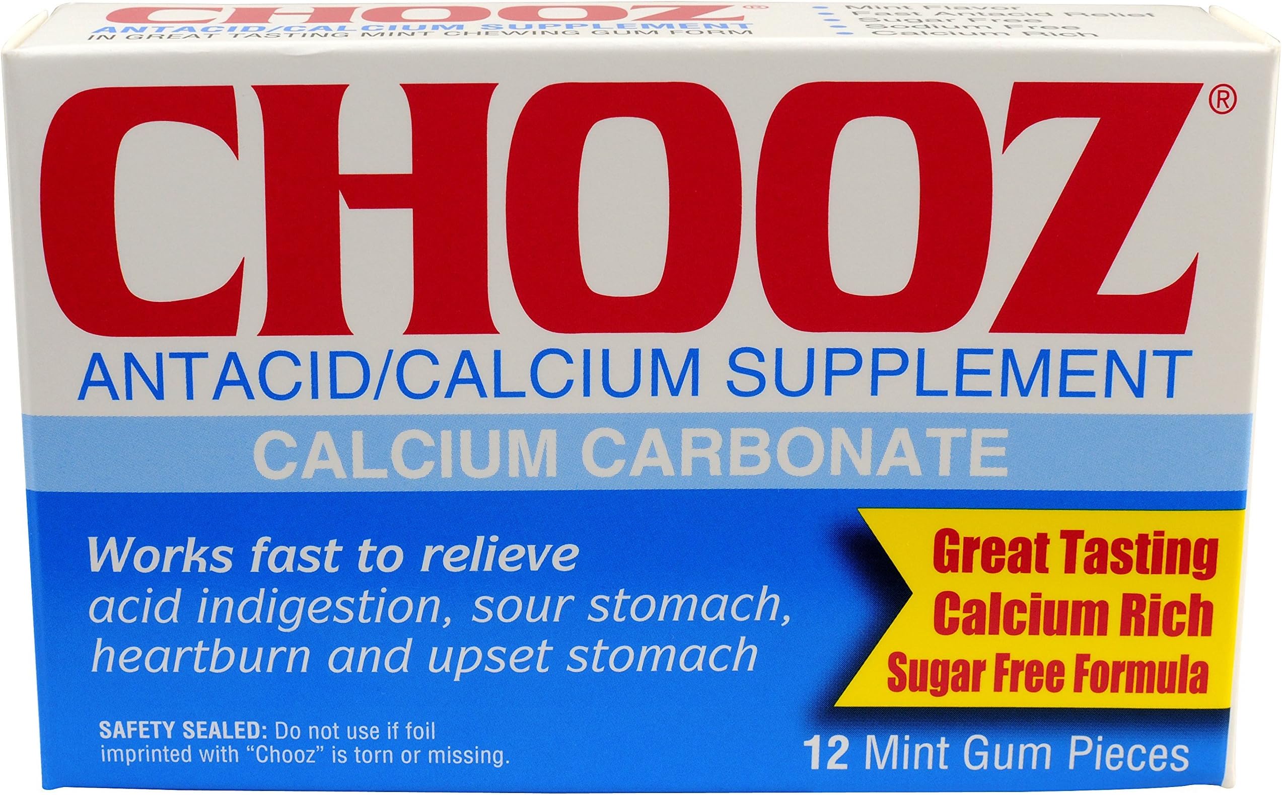 Chooz Calcium Carbonate Antacid Sugar Free Mint Gum, 12 Pieces