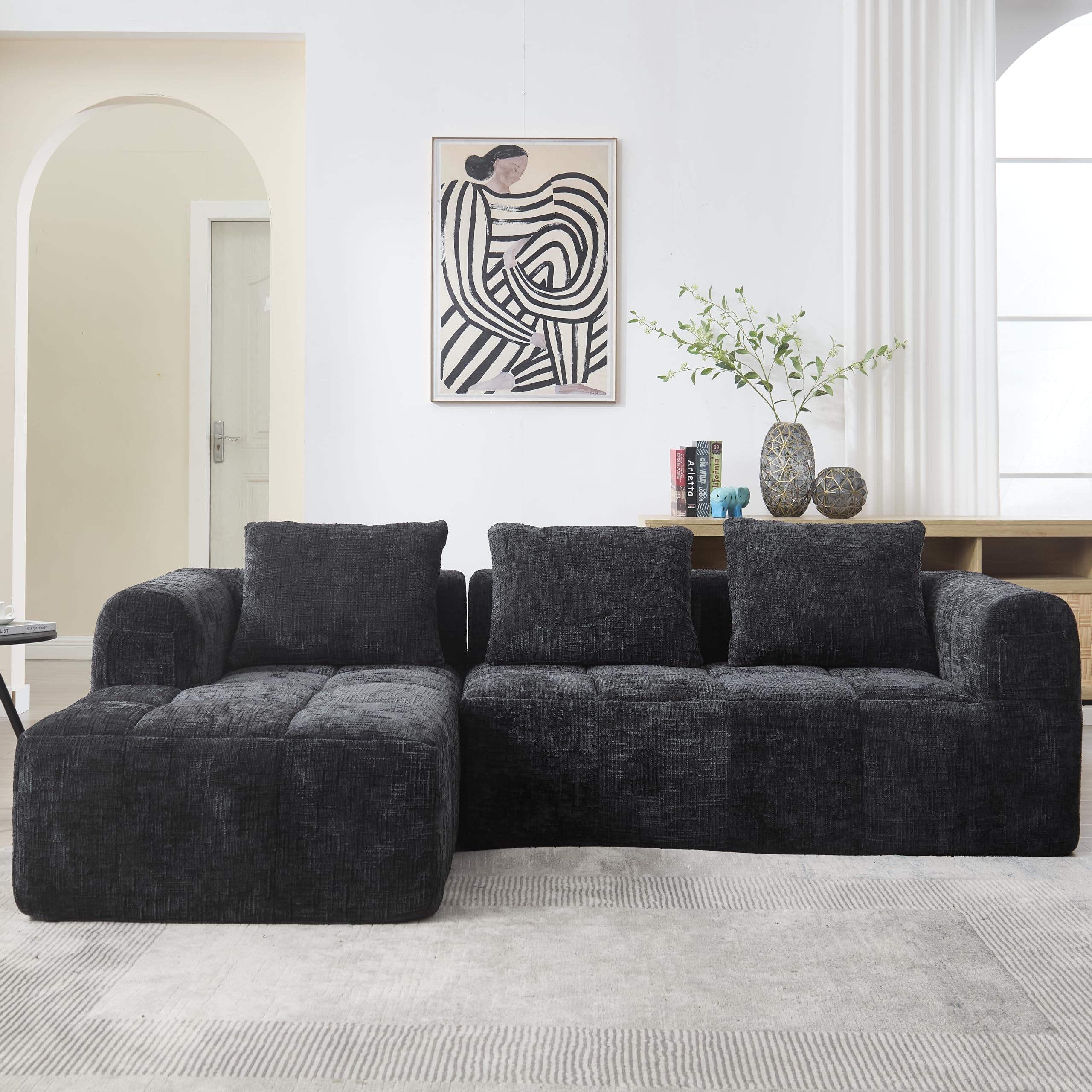 Sofá moderno modular, L, 3 plazas chaise longue, 3 almohadas, bolsillo lateral mando, chenilla, negro