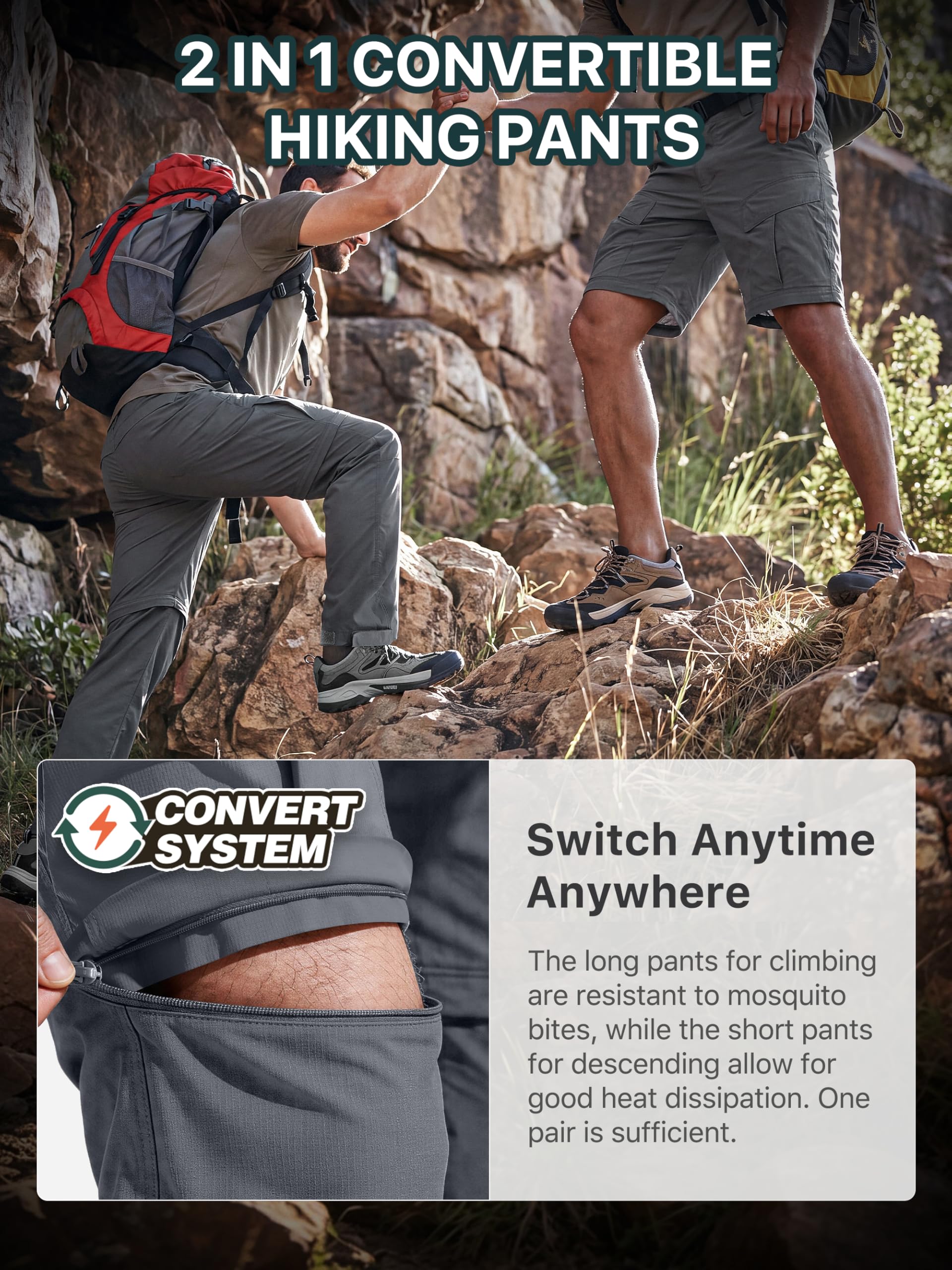 FREE SOLDIER Pantaloni Uomo da Trekking Convertibili Impermeabili Asciugatura Rapida con Zip Staccabile Cargo da Pesca