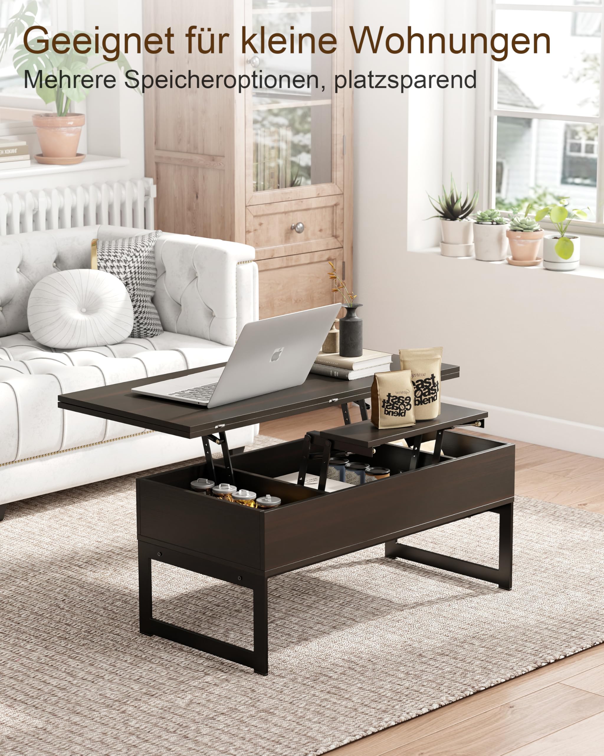 Manora Höhenverstellbar Couchtisch Ausziehbar,Wohnzimmertisch mit stauraum,Couchtisch Verstellbar,Kaffeetisch aus Holz Sofatisch für Wohnzimmer,Industrial Style (Bräunlich-schwarz)