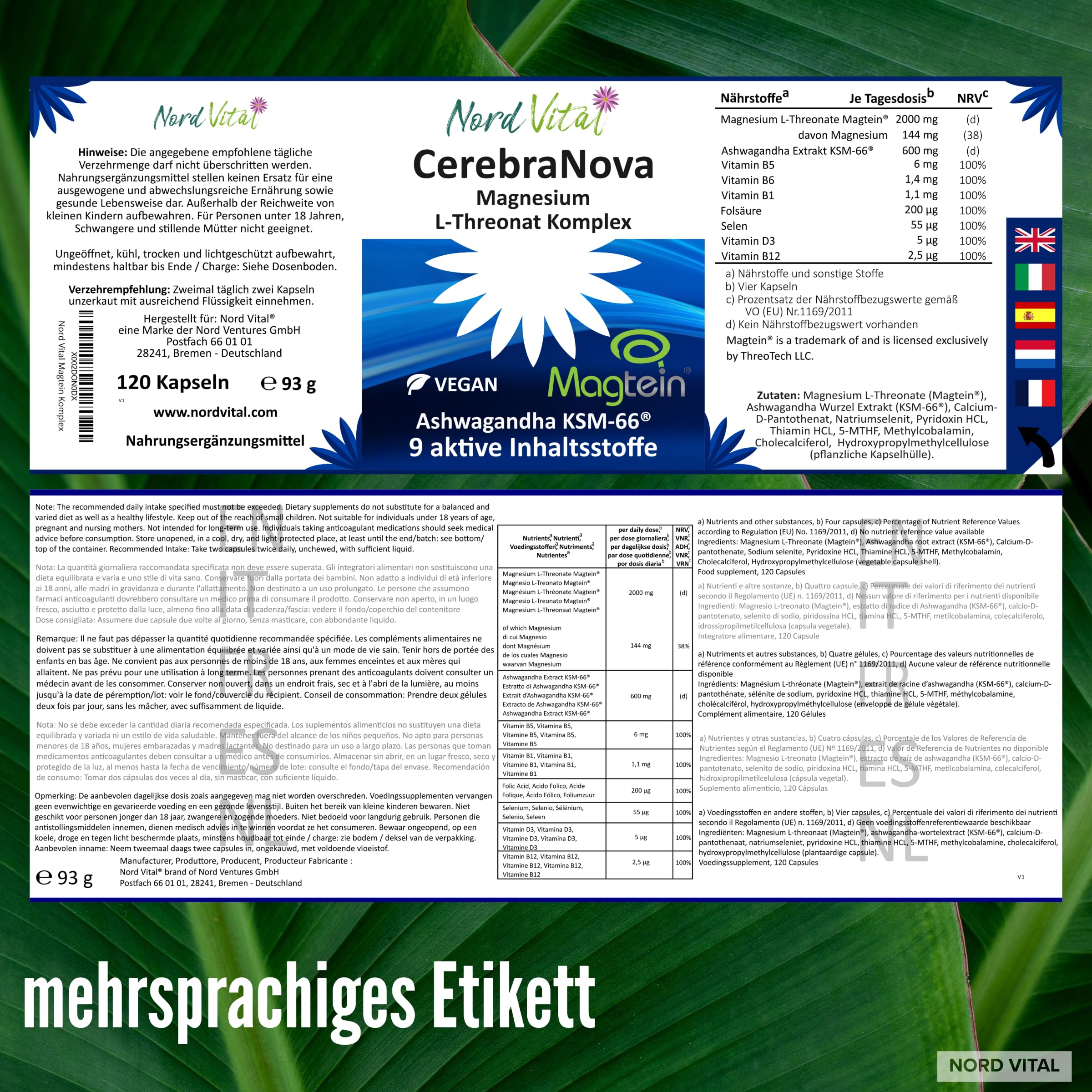 Magnesium Threonate - Magtein & Ashwagandha Komplex – Hochdosiert mit 2000 mg Magtein, 600 mg Ashwagandha KSM-66®, Vitaminen B1, B5, B6, B9, B12, D & Selen – Nord Vital Cerebra Nova - 120 Kapseln