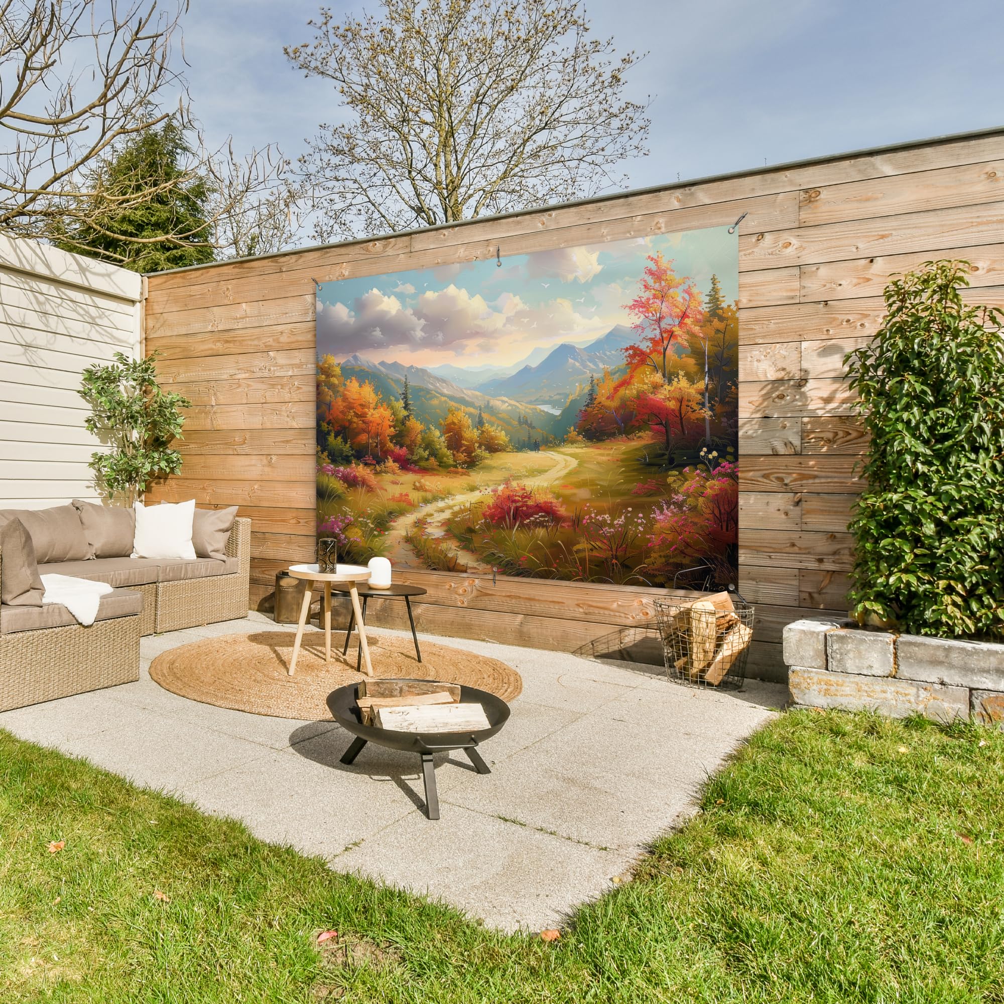 MuchoWow© Decoracion Jardin Exterior Decoración Pared Póster De Jardín | 180x120 cm - Balcón Wall Decoration Patio Posters Decorativos Terraza Paisaje - Ilustración - Naturaleza