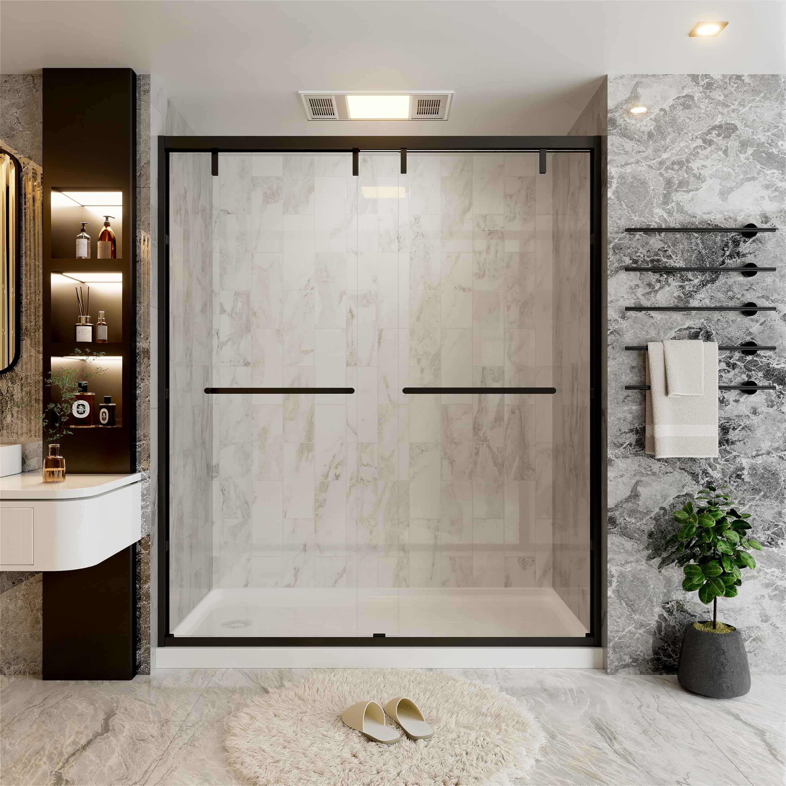 Photo 1 of 62-66 in. W x 76 in. H Semi-Frameless Double Sliding Shower Door, 2 Bypass Glass Shower Door, with 5/16" (8mm) SGCC Tempered Glass, Matte Black
