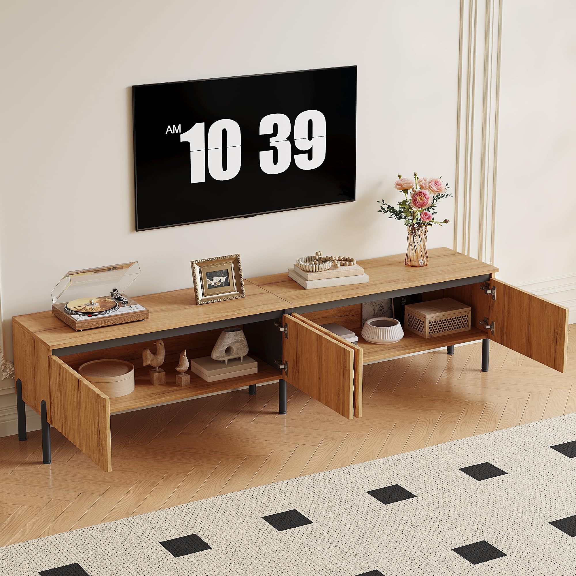 HAINEW HD26062302 szafka pod telewizor z 4 drzwiami i czarnymi metalowymi nogami, 180 x 35 x 43 cm, kolor naturalny, HD26062302